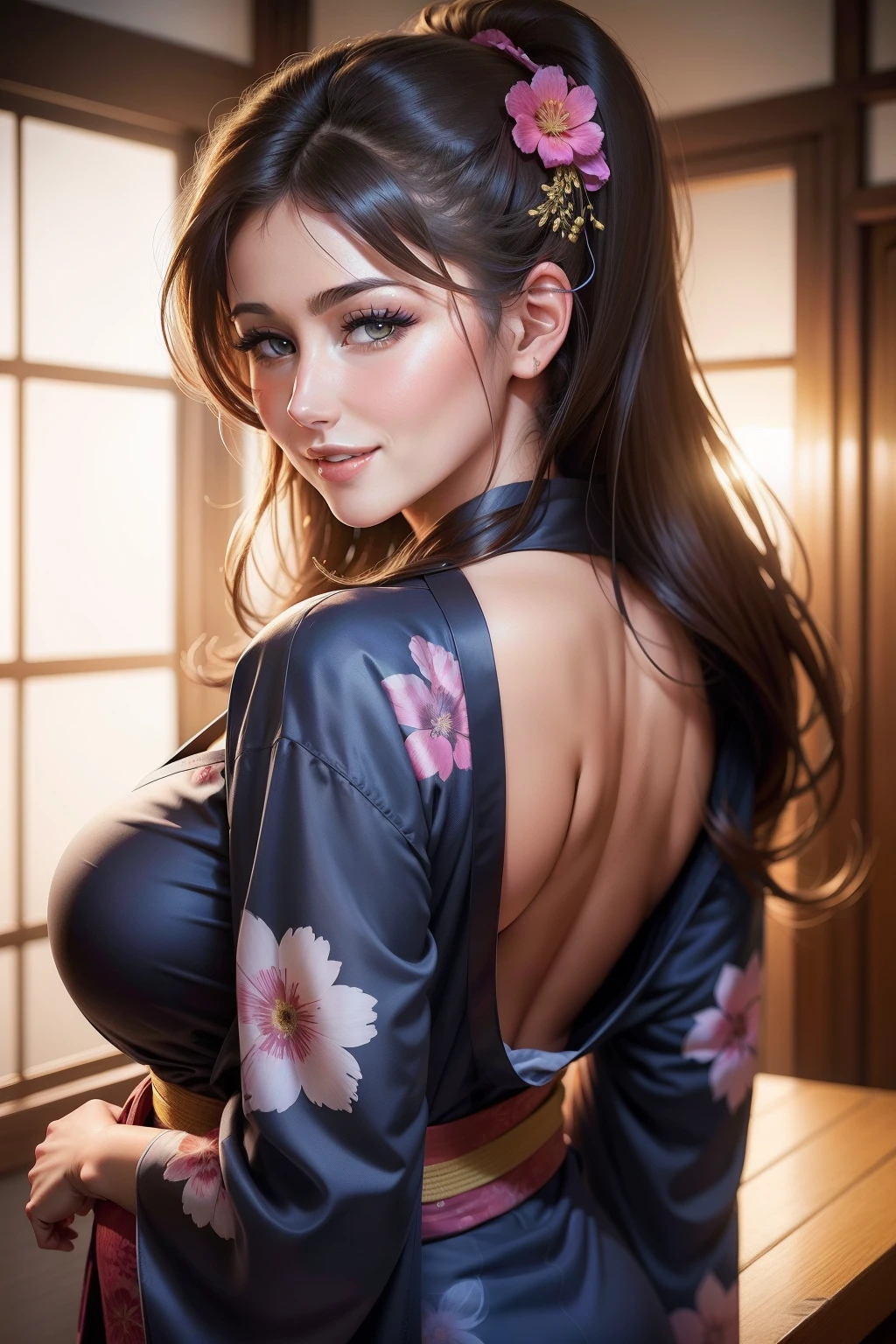 lucy pinder, portrait, back, yukata, sexy, smiling