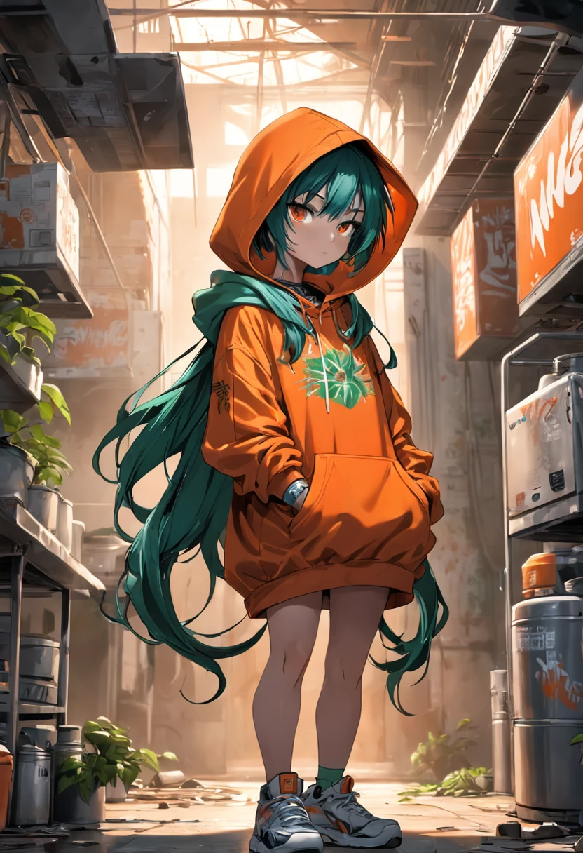 Luis Royo cup head art style, graffiti, full body illustration of a anthropomorphic Plant pothos in silhouette, wearing a hoodie hip hop clothing & orange home depot apron, gangster pose, background Home Depot Store background, minimalistic, rtx, UHD, cell shading, 32k, ray tracing, well defined, comic, digital painting, cartoon, photorealistic, drawing, unreal engine, octane render, shaders, 4d