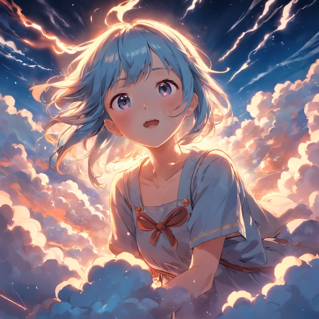 masterpiece, best quality, movie still, 1girl, cloud girl, floating in the sky, close-up, bright, happy, warm soft lighting, sunset, (sparks:0.7)