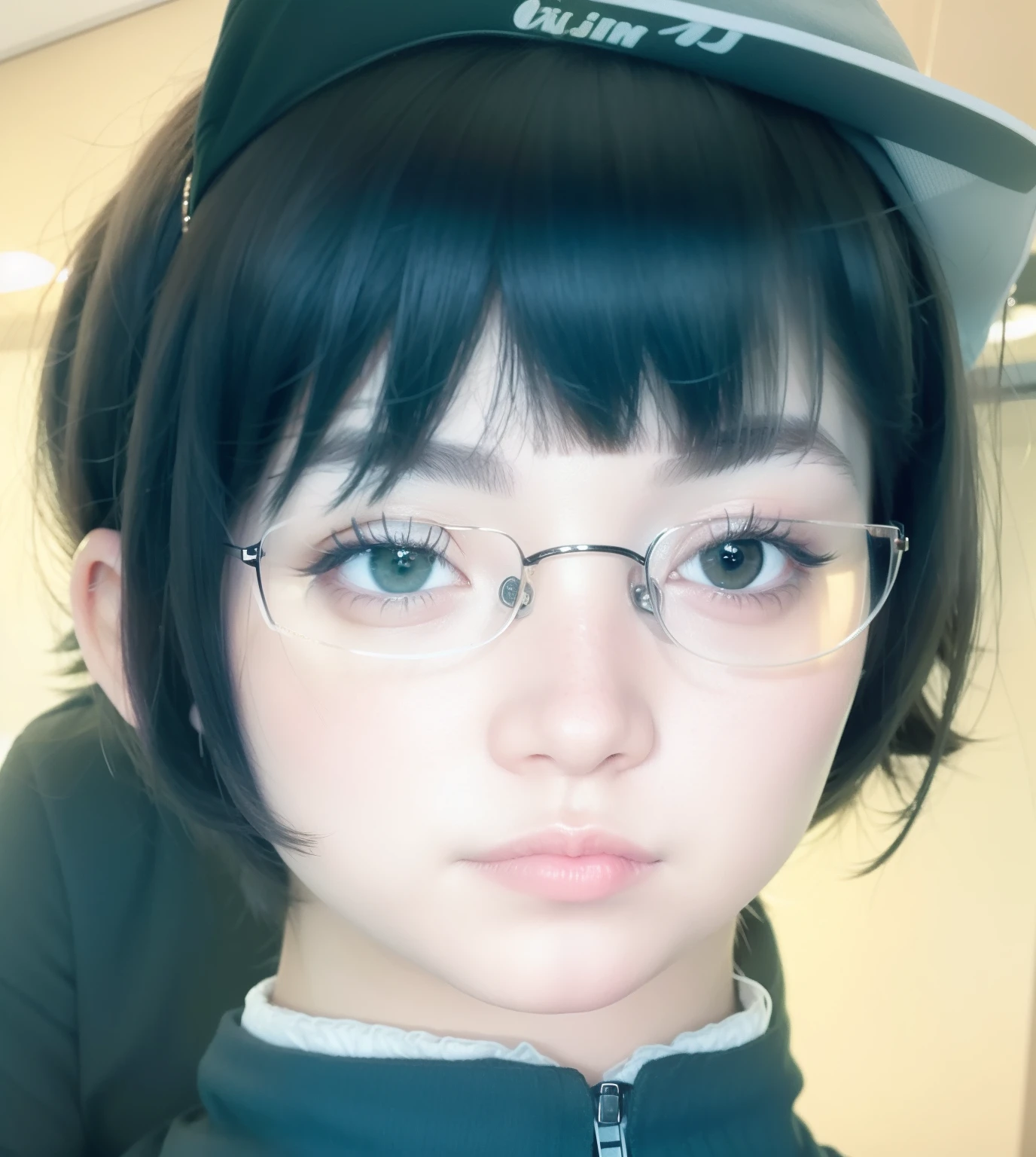 1girl, green eyes, wearing glasses, short hair, black shirt, realistic, ultra detail, 70mm lens,