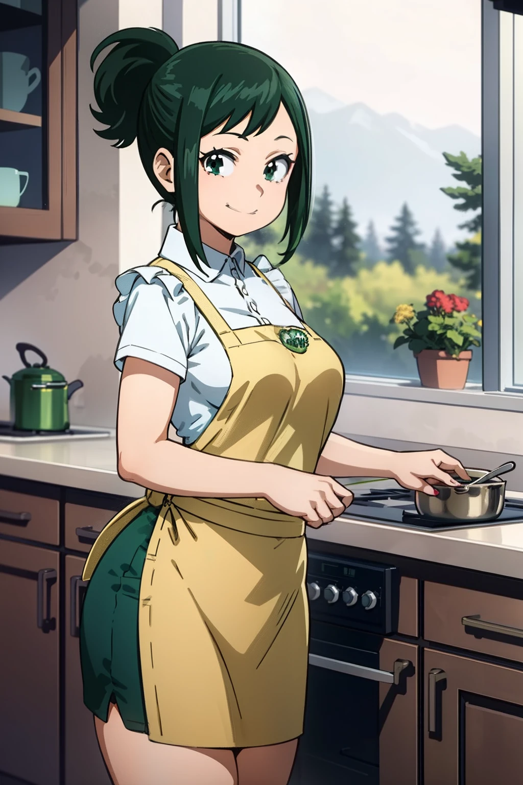 best quality, masterpiece, portrait, 
1girl, midoriya inko, green hair,  short hair, short ponytail, green eyes, (large breasts), slim body, wide hips, shirt, apron, indoors, kitchen, looking at viewer, smile,