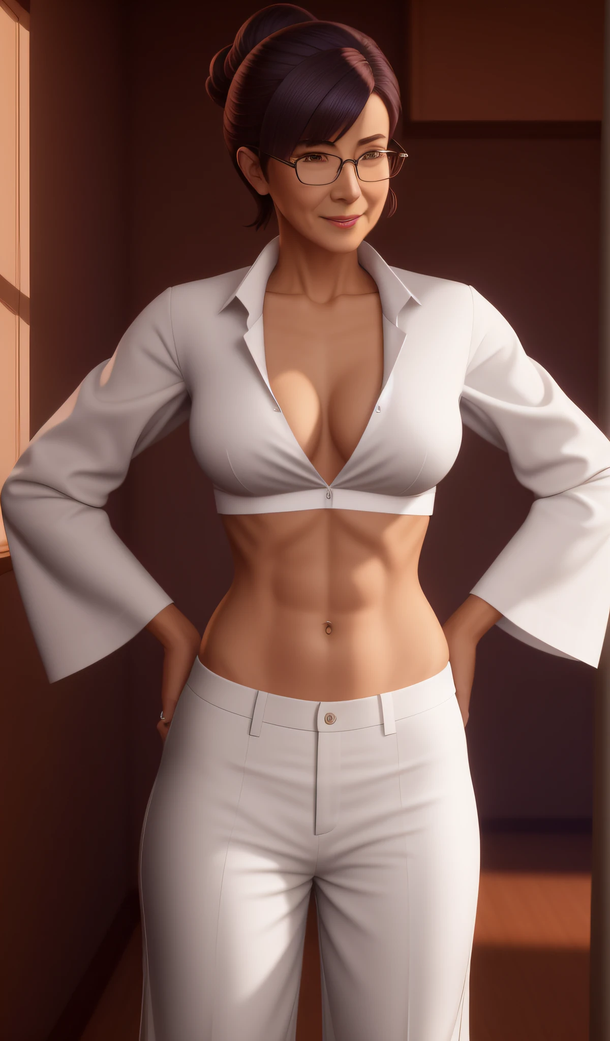 very short haircut elder elderly nerdy woman in a skimpy silk midriff-shirt and very low-rise pants posing, realistic shaded normal body, perfectly normal body, brazenly clothed. unglued and sexy unbuttoned, sexy succinct outfit, cinematic mature elderly body shot, photorealistic female normal body, thicc, alexandra fomina artstation, (sfw) safe for work, commission for high res, [ 4 k digital art ]!!