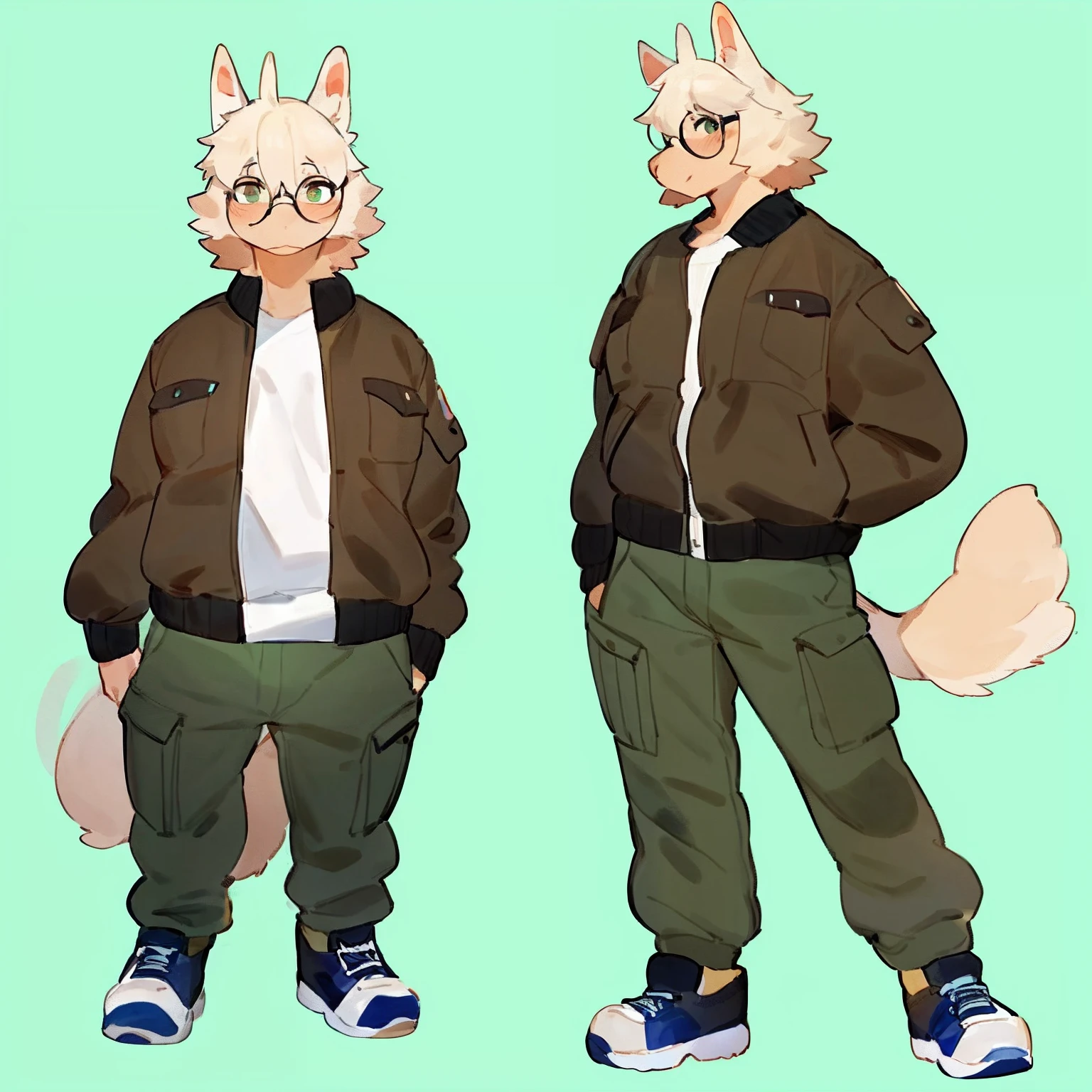 by bebebebebe, by goonie-san, by bigcozyorca, by buta99, solo, female, standing, canine, ((hair, snout)), tail, high-waisted green cargo pants, zipped up tan bomber jacket, glasses, hands behind back,