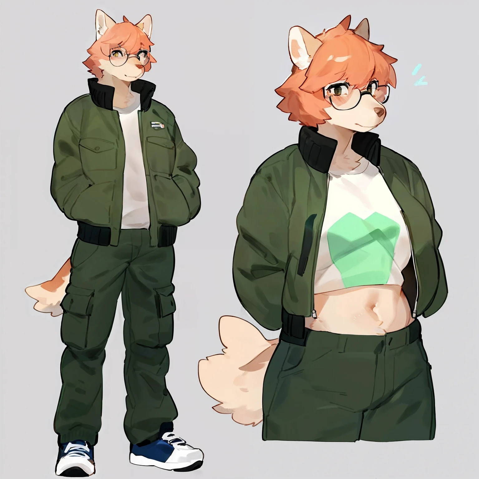 by bebebebebe, by goonie-san, by bigcozyorca, by buta99, solo, female, standing, canine, ((hair, snout)), tail, high-waisted tan cargo pants, zipped up black bomber jacket, glasses, hands behind back,