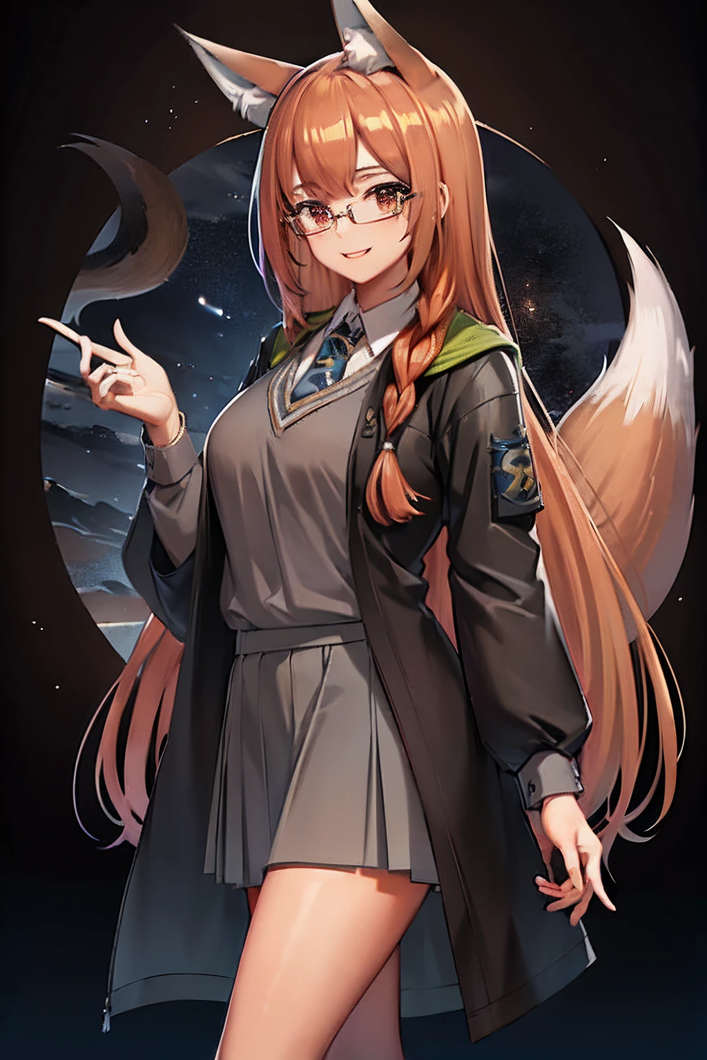 high resolution, best quality: 1.2), brightness, smooth outlines, beautiful drawing, , (masterpiece), 1 girl, beautiful girl, Hogwarts uniform, hogsks, Ravenclaw, brown_hair, big breasts, smile, school dress, short skirt, fox ears, blue tie, Glasses, Brown hair