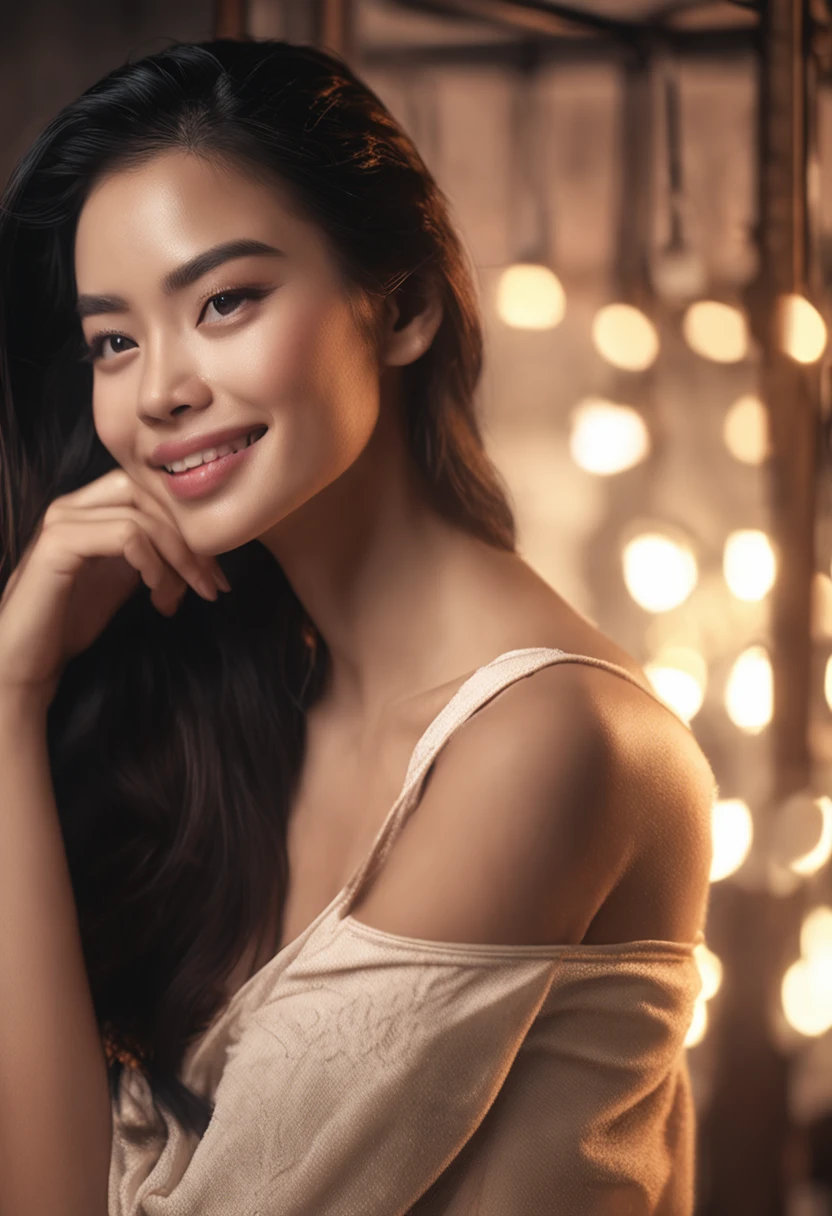 Cinematic soft lighting illuminates a beautiful Filipina model with stunning detail and ultra-realistic, in a Spa，meditating, relaxing her mind, Full body photo of the front，beautiful look, straight long black hair, Charming perfect smile，Raised sexy，Hot woman，Insanely beautiful，This is the trend on the ArtStation。The Octane is the perfect tool to capture the softest details of this 16k photographic masterpiece。