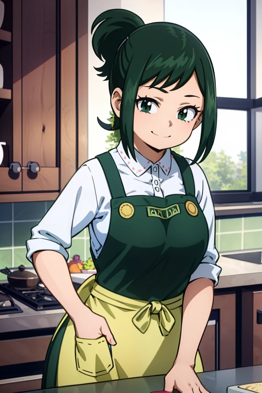 best quality, masterpiece, portrait, 
1girl, midoriya inko, green hair,  short hair, short ponytail, green eyes, (large breasts), slim body, wide hips, shirt, apron, indoors, kitchen, looking at viewer, smile,