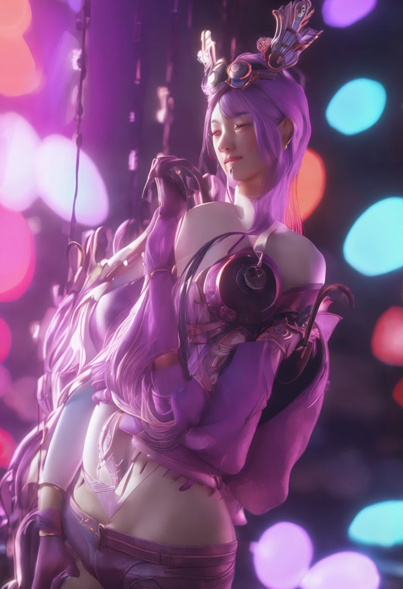 A MILF,Around forty years old,Wear a purple sleeveless hurdle vest,long azure hair。Plump body type,Large chest,Asian people,Face is flat。Smile