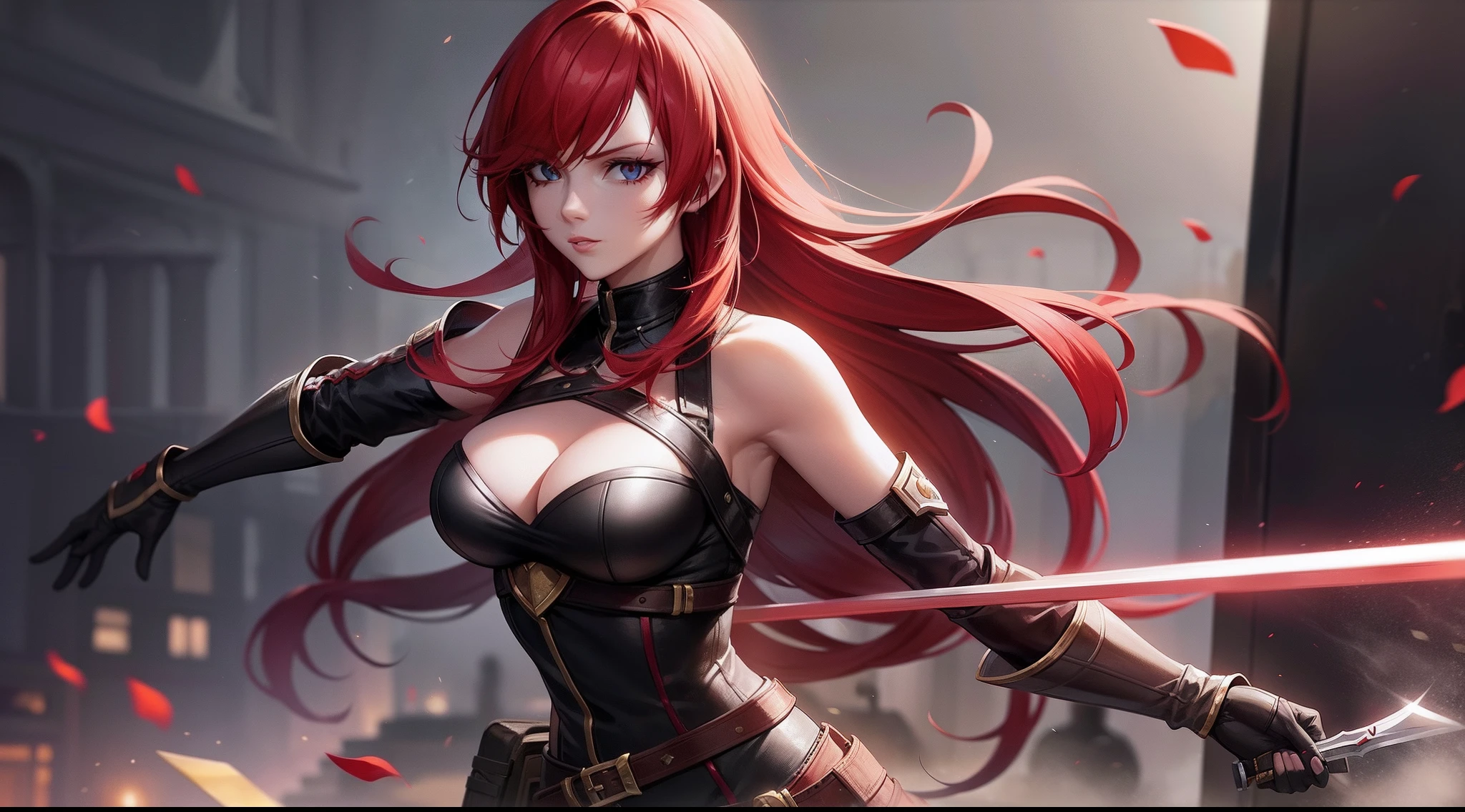 Katarina from League of Legends, katarina with red hair holding two knives in her hand and wearing a light outfit with a scratch on her left eye