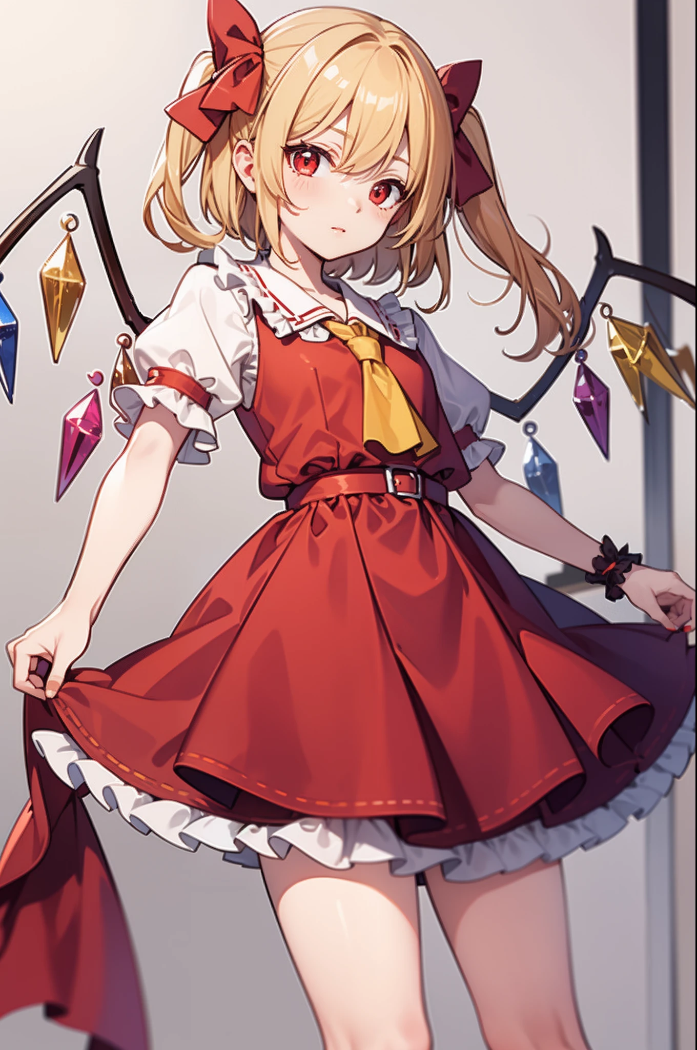 Flandre, bike shorts, Skirt lift, mischievous smile