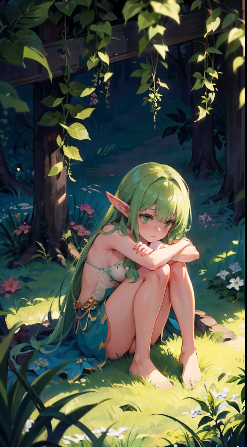 high resolution, (dryad), forest, pixiv, (((outfit made out of plants))), (grass skirt), (fancy grass top), sitting, fetal position, hugging legs, ethereal, small breasts, colorful, saturation, nymph, slightly unsettling