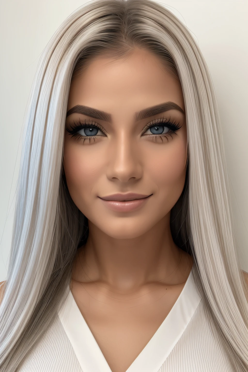 ((Noite, luz realista, best quality, 8k, master part: 1.3)), 1 girl, Mulher da alemanha, Beleza Slim: 1.4, Abs: 1.1, (white hair, Mama grande: 1.3), Vestido de seda prateado: 1.2, Banheiro, cara super bonita, Olhos Delicados, double eyelids, sorrir, atalho, long hair, pele clara, Big, long eyeslashes