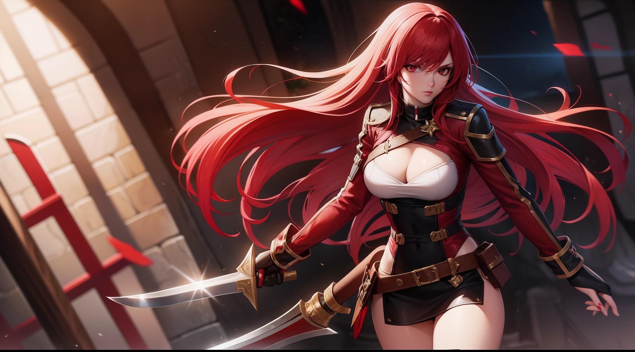 Katarina from League of Legends, katarina with red hair holding two knives in her hand and wearing a light outfit with a scratch on her left eye
