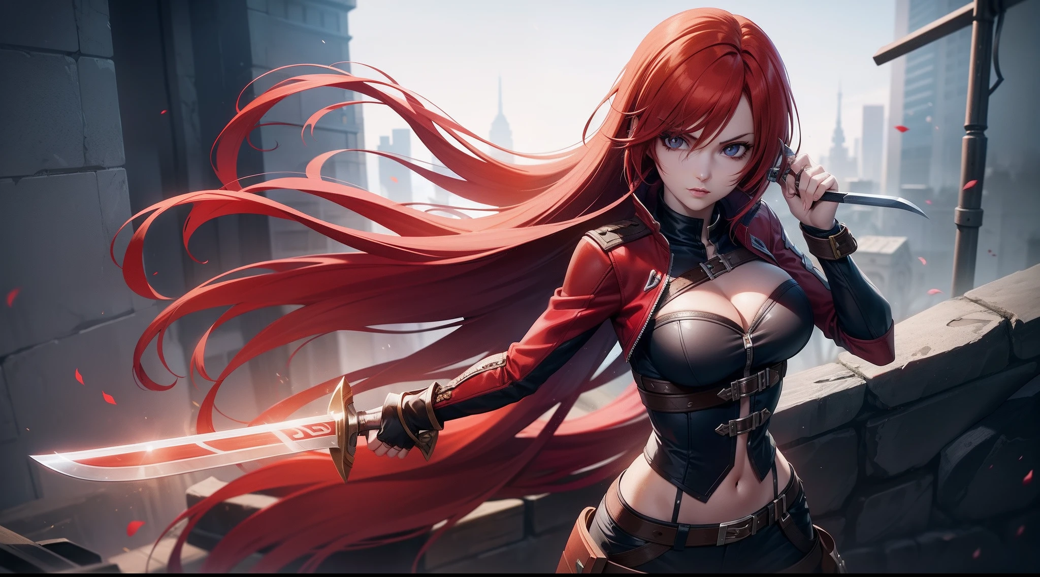 Katarina from League of Legends, katarina with red hair holding two knives in her hand and wearing a light outfit with a scratch on her left eye