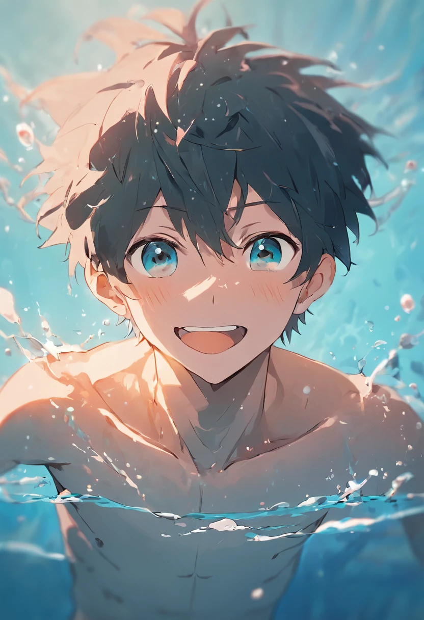 swimming in water,Shirtless,with fair skin,ssmile,Diving tools