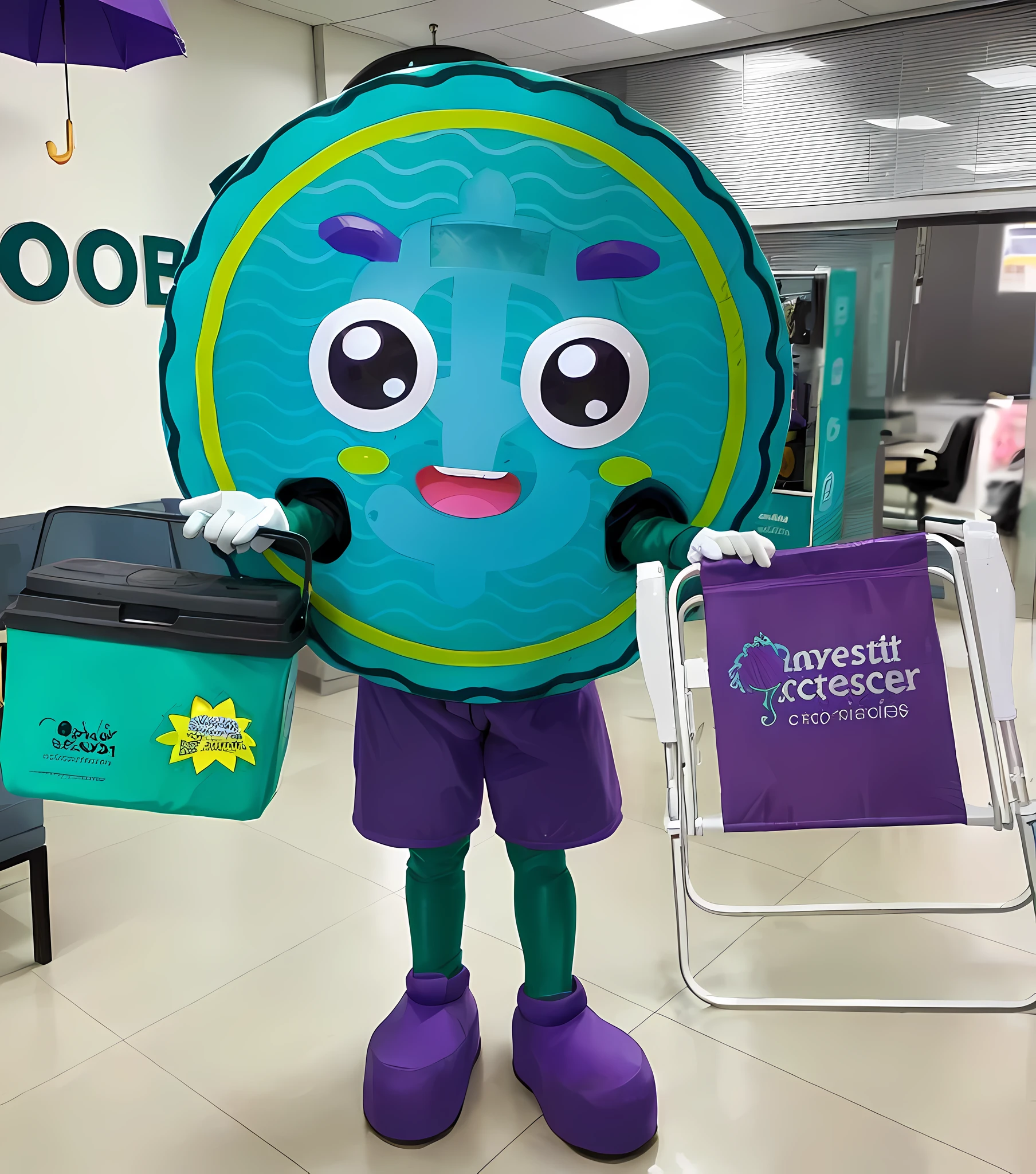mascote azul e verde arafed segurando um guarda-chuva roxo, mascote de cereais, mascote de corpo inteiro, cute coronavirus creatures!, Tentacle cardboard cutout, vestido de catador, cute coronavirus creatures, corpo inteiro com traje, Diaper disposal robot, Health supporter, foto descoberta, Personagem Antasy, coronavirus as a stuffed toy, Retrato grande