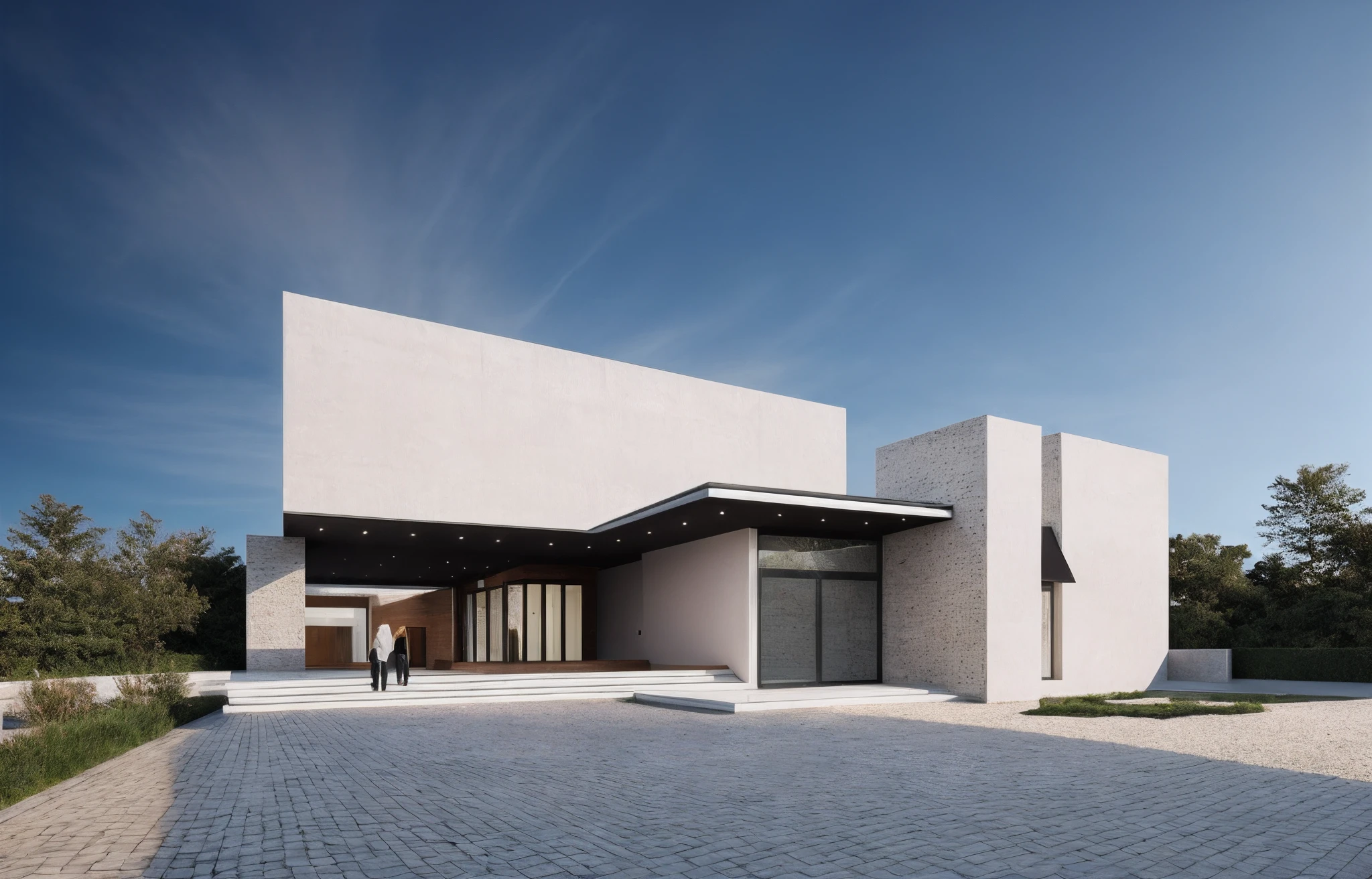 1 modern building with main materials made from white walls and wood, minimalist design,, masterpiece, high quality, utral detail:1.3, sun rise:1.3, dynamic lighting, perfect light, shimering sky:1.2, large yard, morden feeling, 1 black car:1.3, behance.net, warm light brighteness, shimering cold light fromt indoor:1.3, dânmic celling light :1.4