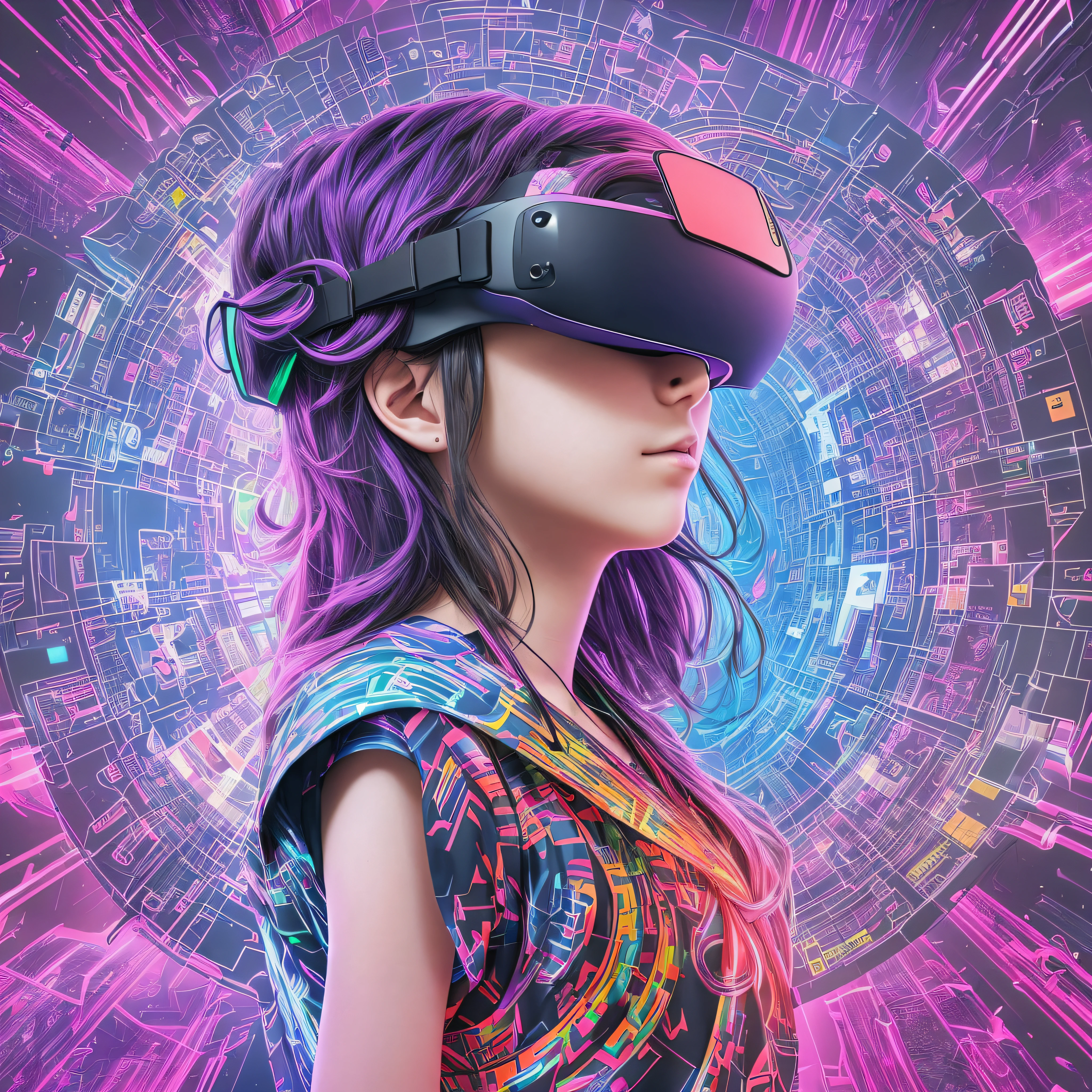 Metaverse technology concept. r playing Metaverse virtual world experience with VR virtual reality goggles on colourful background, upper body up, visualisation and simulation, 3D, AR, VR, innovation --auto --s2