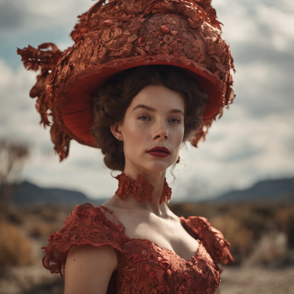 impressive huge dress, 

rococo style, 

detailed face features, 

ultra high quality model, 

big neck collar, 

hat, 

cinematic surrealist portrait, 

Fujifilm GFX 16mm F4, 

captivating hard, 

cinematic shot, 

warm red colors, 

satisfying atmosphere, 

captivating scene, 

realist aspect, 

impressive, 

high (definition, 

resolution, 

detailed, 

uality photo), 

photorealistic