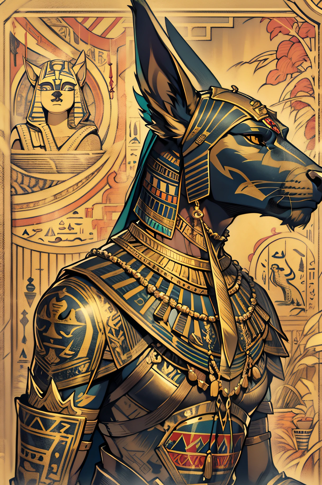 anubis, god, egypt, black, 2d, tattoo, no detail, gold, far away, realistic, armor, ultra detailed, maximum resolution