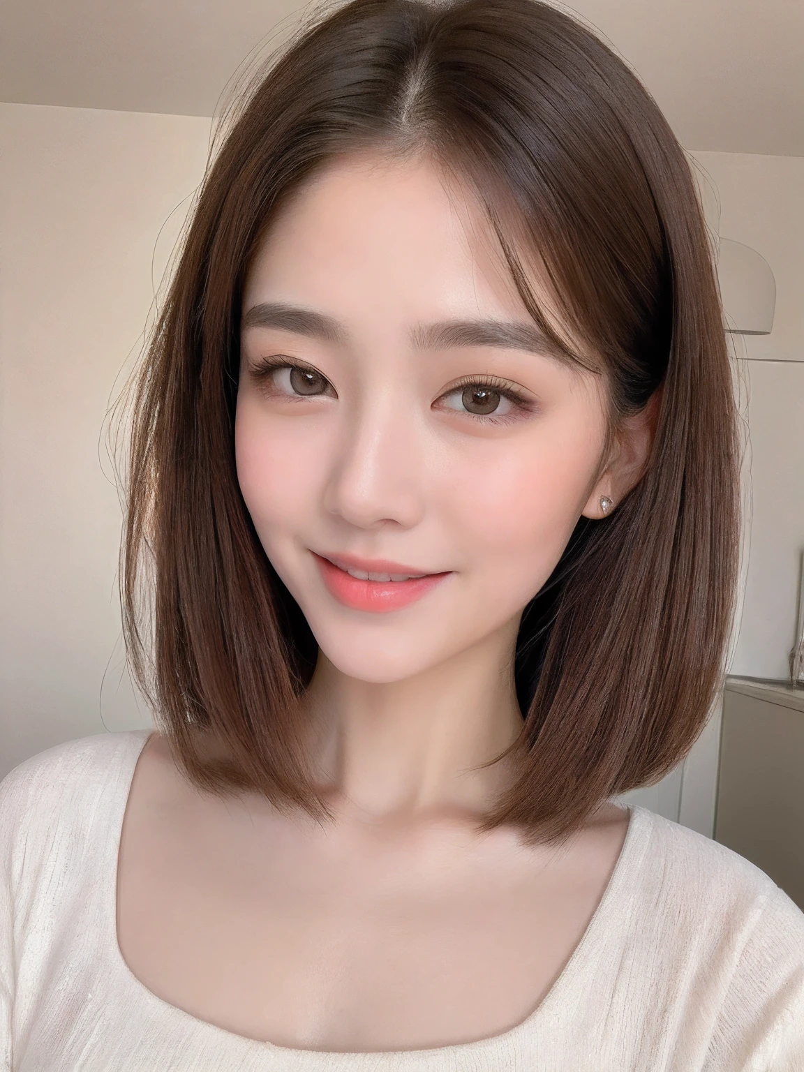 ((Best quality, 8k, Masterpiece :1.3)), 1girl, beautiful woman with emphasis on slim abs: 1.3, (casual hairstyle, big breasts: 1.2), casual wear: 1.2, interior, ultra-detailed face, delicate eyes, double eyelids, soft breasts, smile, exposed cleavage