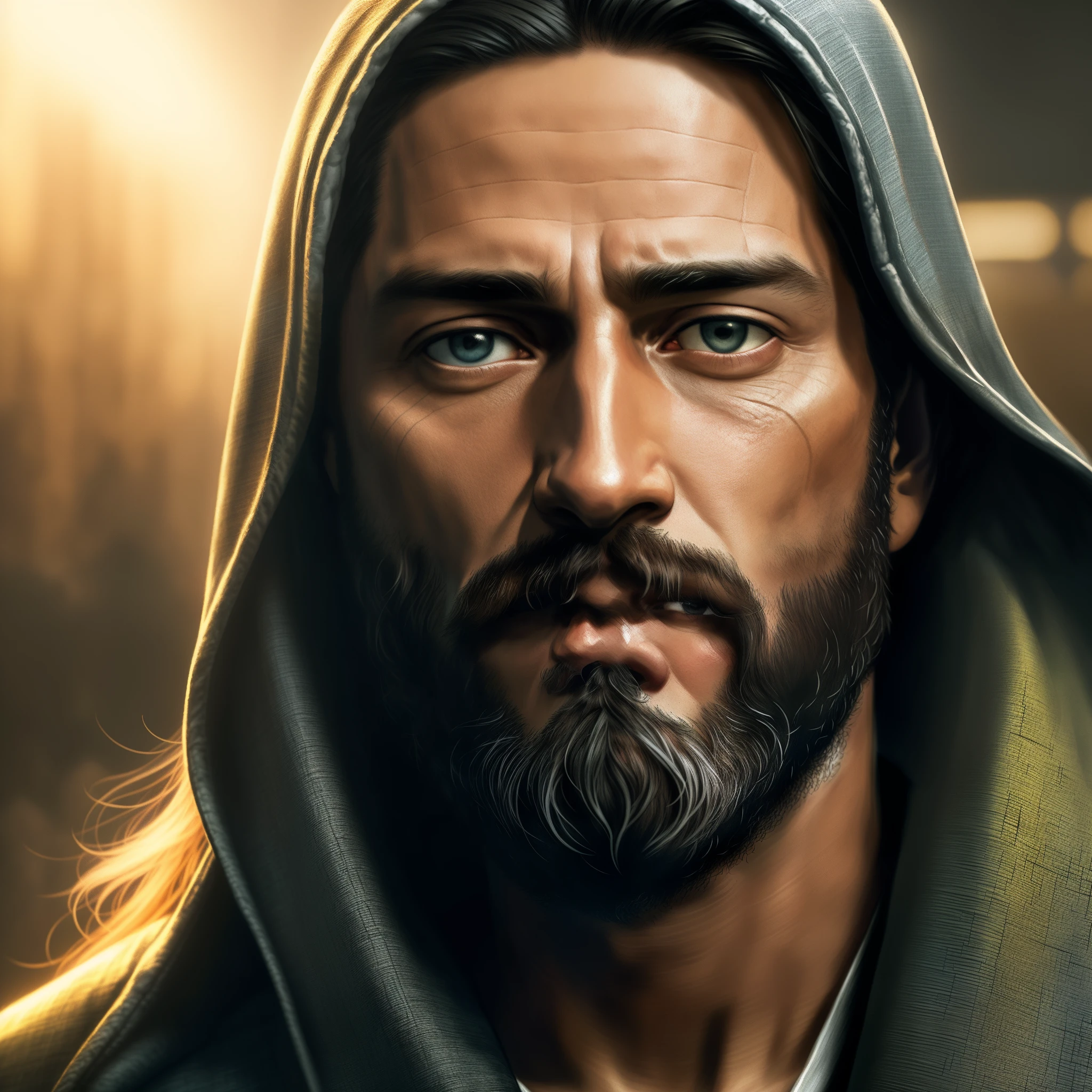 a close up of a man with a beard and a hoodie, portrait of jesus christ, jesus face, jesus christ, tron legacy jesus christ, jesus of nazareth, tron legacy jesus, jesus, by Pablo Munoz Gomez, by Roman Bezpalkiv, by László Balogh, renaissance digital painting, the face of god, photorealistic digital painting