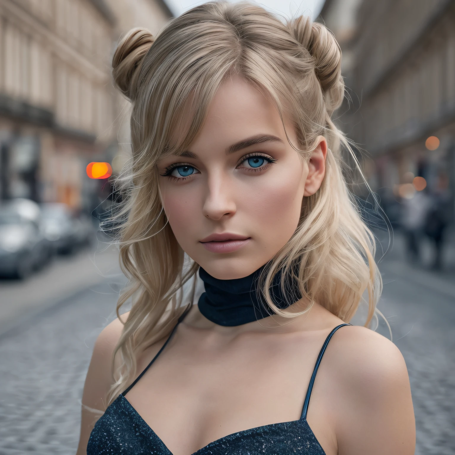 Schlank, Jung, lange blonde Haare, blaue Augen, In der Stadt, natural skin texture, 24mm, 4K-Texturen, Weiches filmisches Licht, RAW-Fotografie, fotorealistisch, fotorealistisch, Komplex, elegant, Highly detailed, Scharfer Fokus, (((Kino-Look))), ruhiger Ton, Wahnsinnige Details, Komplexe Details, Ultra-Details, Hoher Kontrast, Weiches filmisches Licht, dim colors, Belichtungsmischung, HDR, verblichen, kalt, Waist Thin, Gut proportioniert, (8K, 4K, Top quality, high-res: 1.1), (realistisch, fotorealistisch: 1.1), Girl 1 People, nur, Gesicht, Twin tails, blondes Haar, Pony, Lange Haare, Halskette, Ohrringe, Lippen, Lidschatten, Schmuck, (Betrachter auf der Suche nach: 1.8), Spaghetti Straps, Detail, Hoher Kontrast, Von_Seite, SRFC, stunning complex full color portrait, wearing black turtleneck, spectacular character composition, von Ilya Kubushinov, alessio albi, Nina Masic, Scharfer Fokus, natural lightting, sub-surface scatter, f2, 35mm, Filmkorn