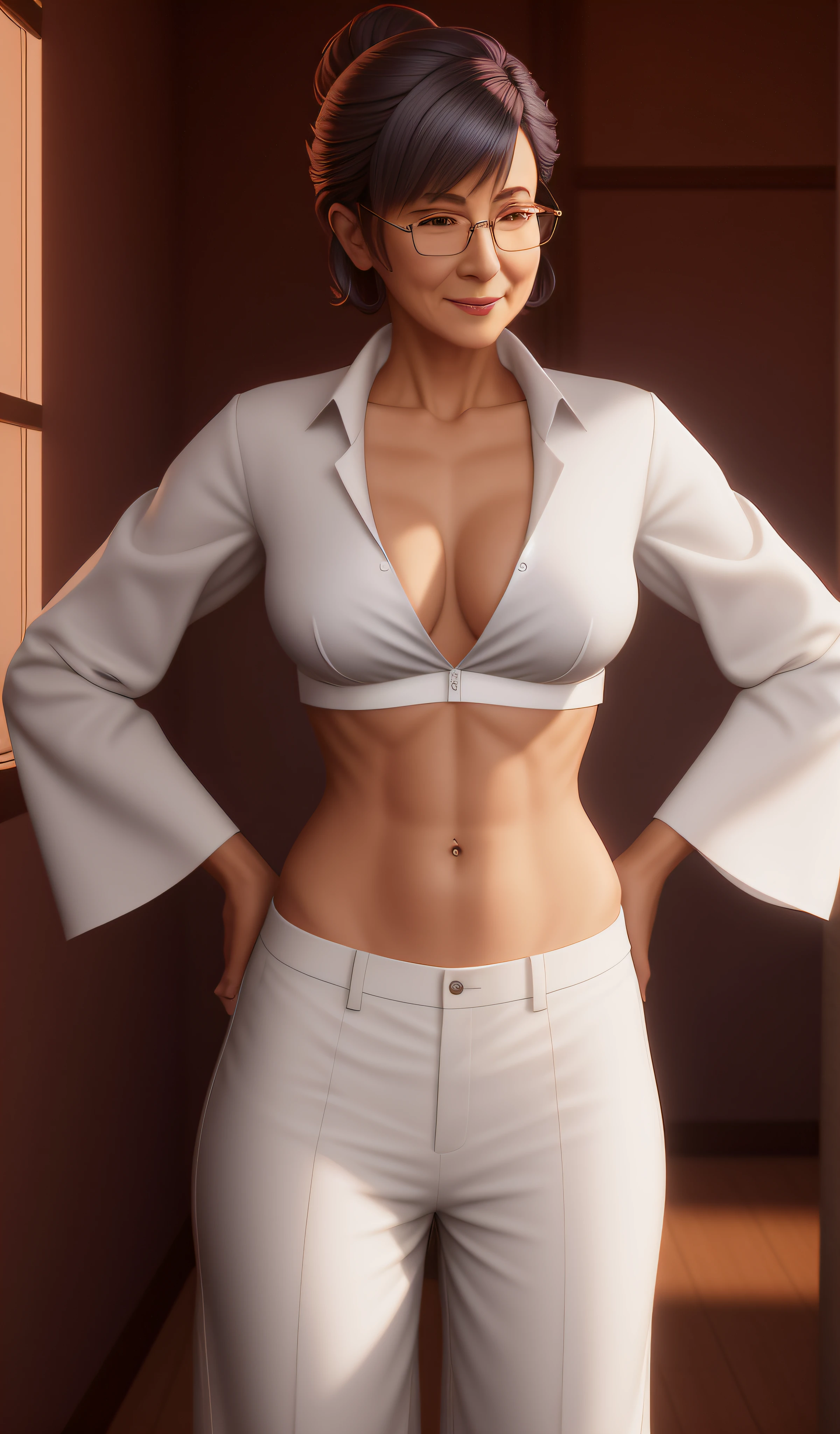 very short shaved haircut older elderly nerdy woman in a skimpy silk midriff-shirt and very low-rise pants posing, realistic normal body, perfectly normal body, brazenly clothed. unglued and unbuttoned succinct outfit, cinematic mature elderly body shot, photorealistic female normal body, thicc, alexandra fomina artstation, (sfw) safe for work, commission for high res, [ 4 k digital art ]!!