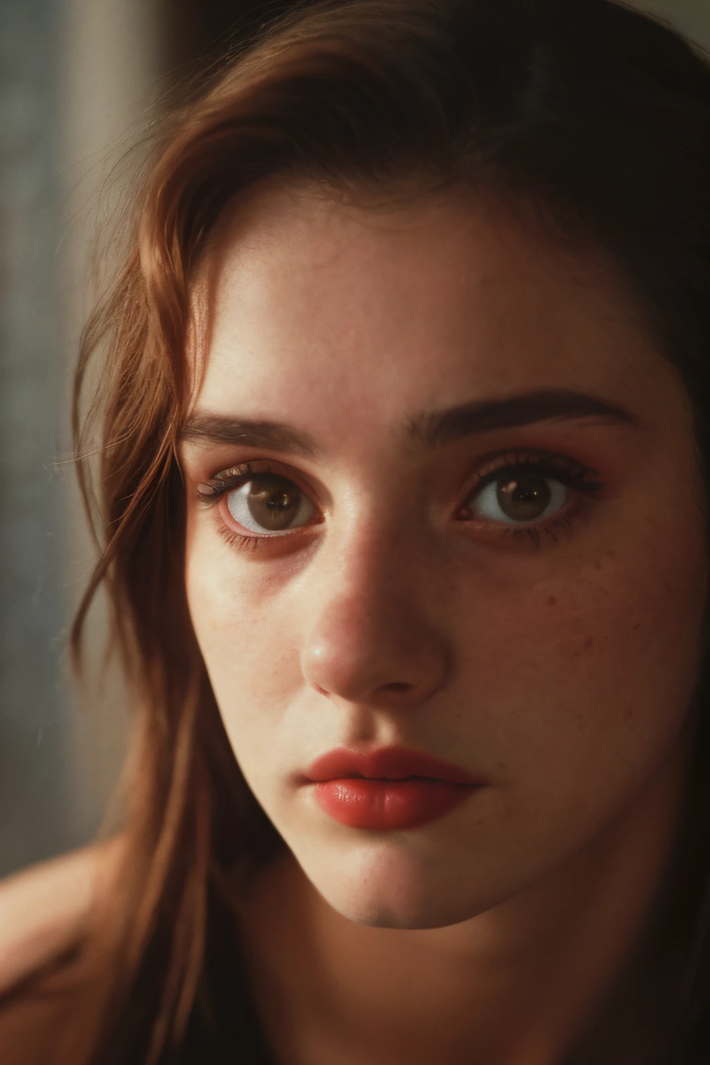 (Close-up, fotografia editorial de uma mulher de 21 anos), (Rosto altamente detalhado:1.4) (sorrir:0.7) (fundo dentro escuro, Moody, estudo privado:1.3) Pov, Directed by: Lee Jeffries, Nikon D850 |, filme fotografia de stock ,4 Kodak Portra 400 ,camera f1.6 lentes ,cores ricas ,hyper realistic ,textura realista, dramatic lighting , cinestill 800,