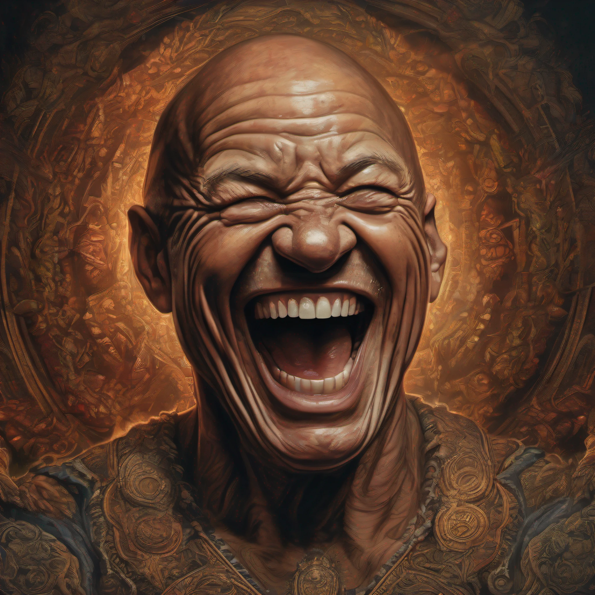 a portrait of a laughing, toxic, muscle, god, elder, (hdr:1.28), bald, hyperdetailed, cinematic, warm lights, intricate details, hyperrealistic, dark radial background, (muted colors:1.38), (neutral colors:1.2)