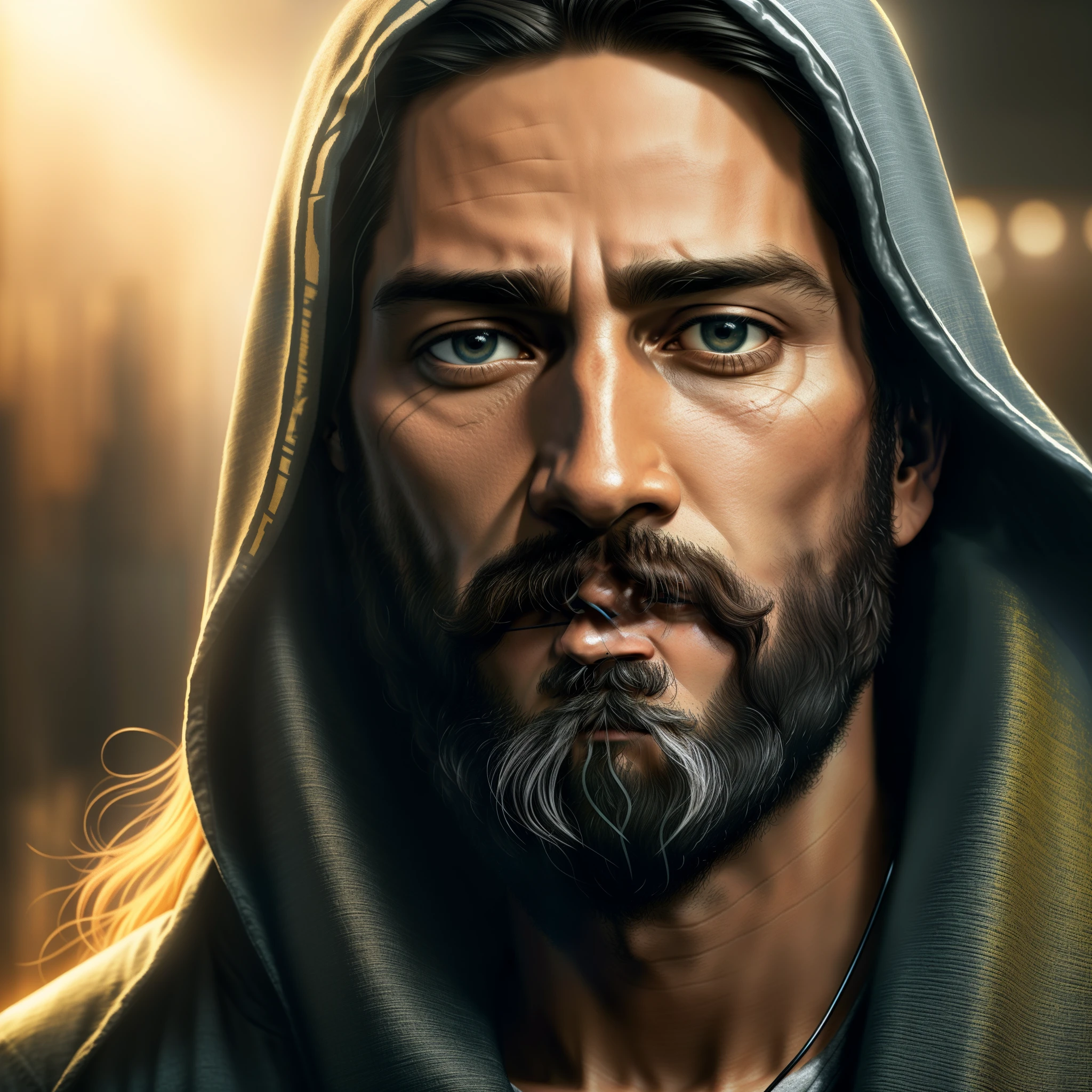 a close up of a man with a beard and a hoodie, portrait of jesus christ, jesus face, jesus christ, tron legacy jesus christ, jesus of nazareth, tron legacy jesus, jesus, by Pablo Munoz Gomez, by Roman Bezpalkiv, by László Balogh, renaissance digital painting, the face of god, photorealistic digital painting