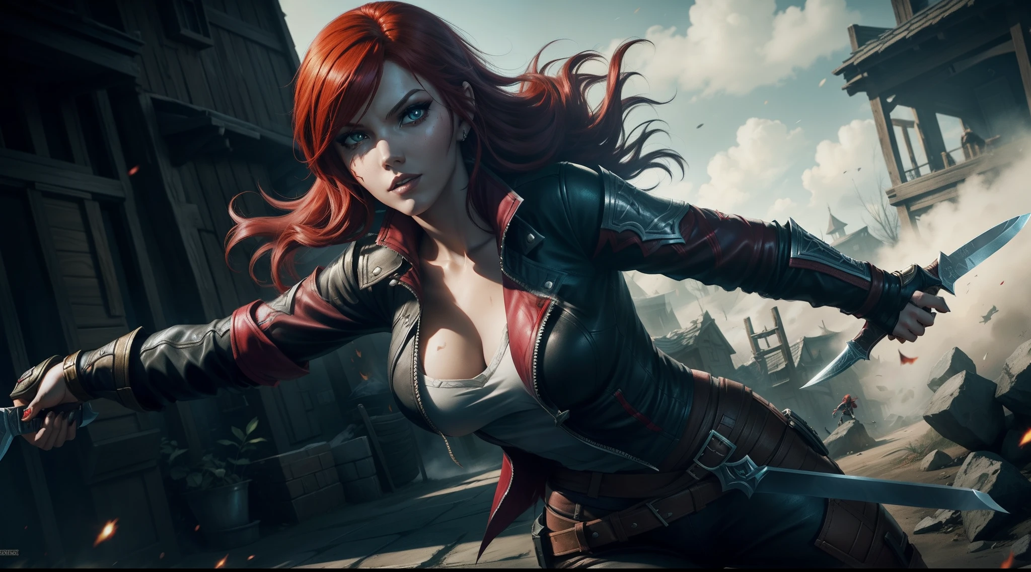 Katarina from League of Legends, katarina with red hair holding two sharp knives in her hand and wearing a assassin outfit with a scratch on her left eye, riot games splash art