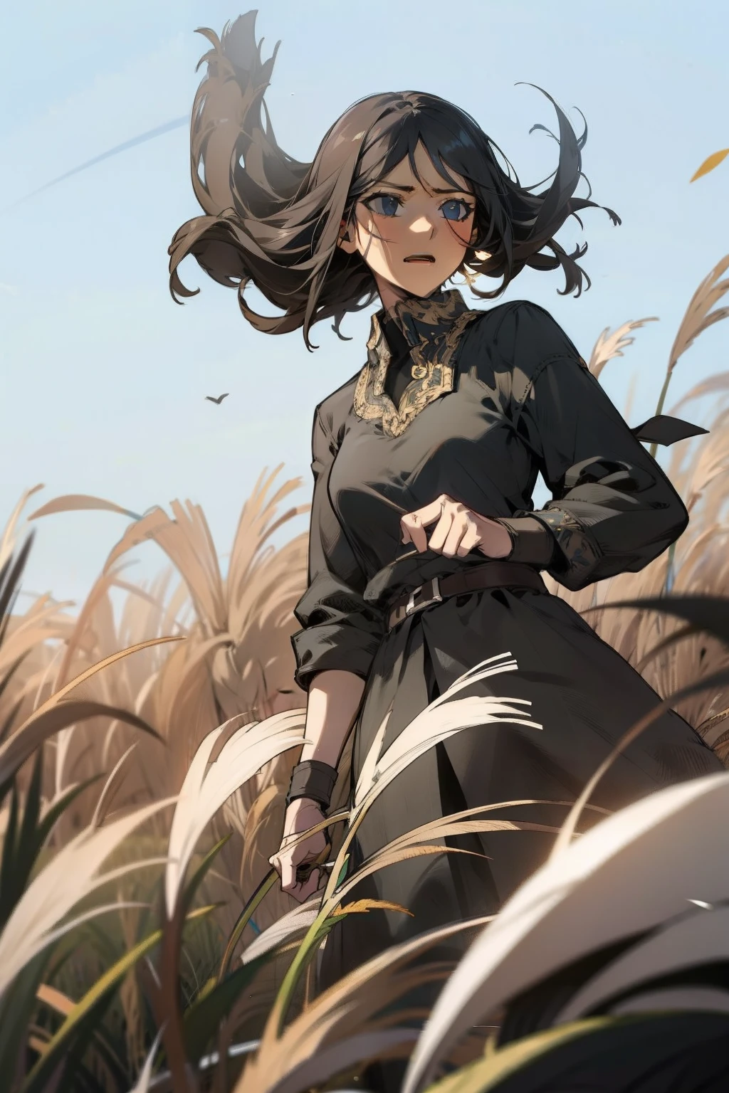 Woman in a field with expression of determination