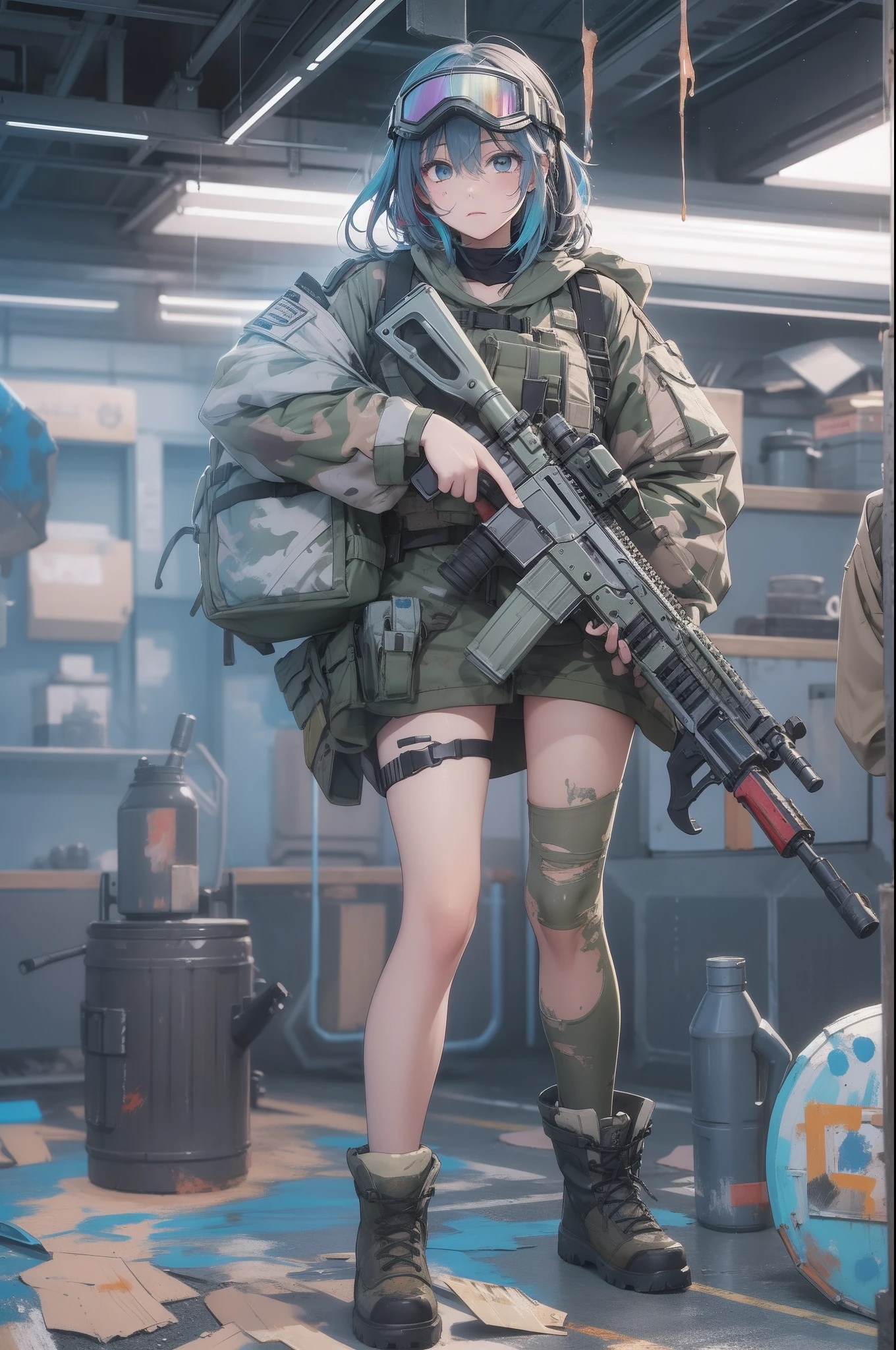 Girl shooting paint bullets、Colorful assault rifle in hand、Survival Games、Paint ink dripping on the shield,Wearing goggles、boots、Military fashion in pastel colors