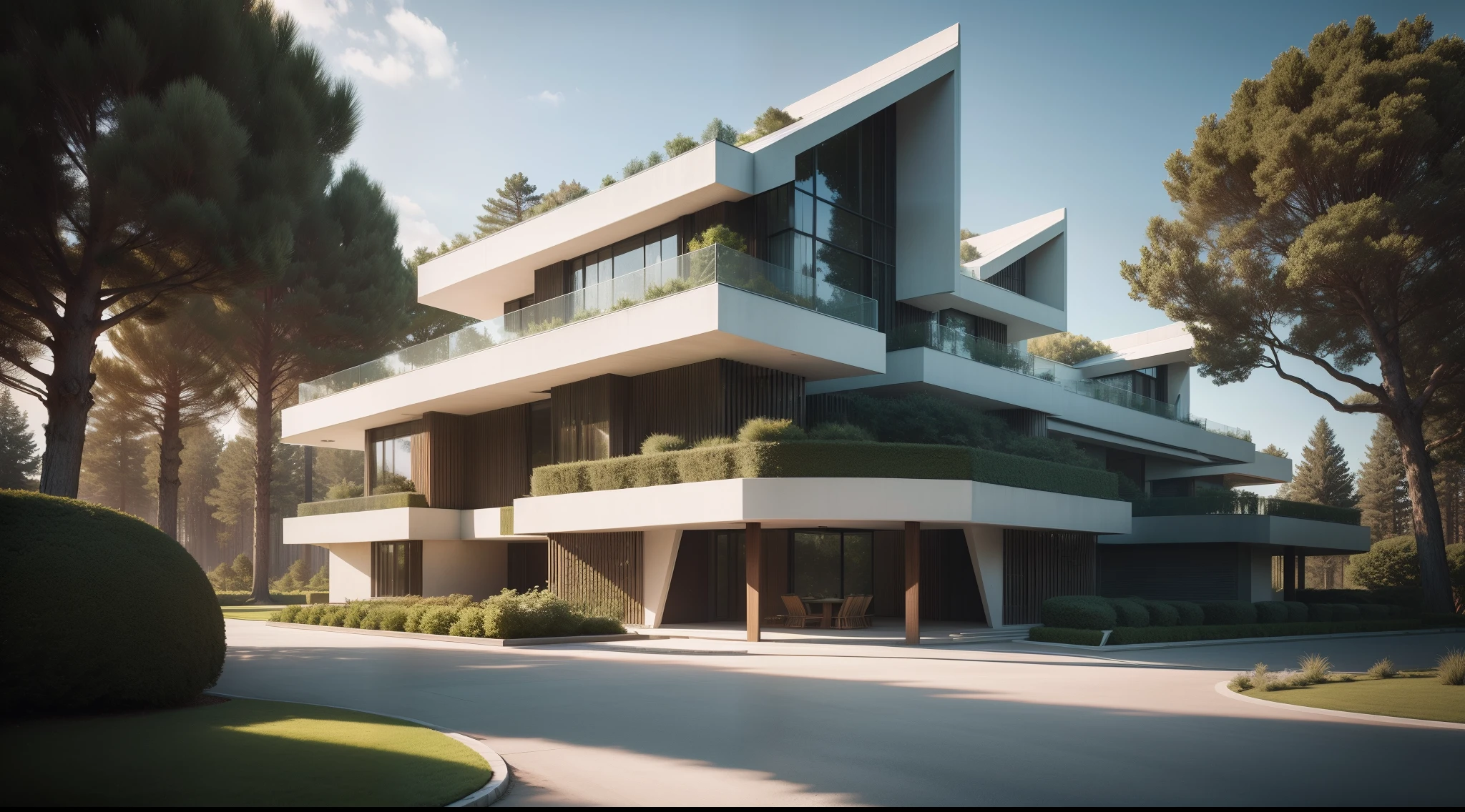 cinematic realistic photo, higly detailed, Futuristic, Large lawn with pine trees around a geometric structure, modern architecture in the style of Zaha Hadid, with artificial lighting, Different types of landscaping vegetation, day light, Octane Render, Architecture in the style of Zaha Hadid, Maximum rendering detail, Zaha Hadid Architects проект