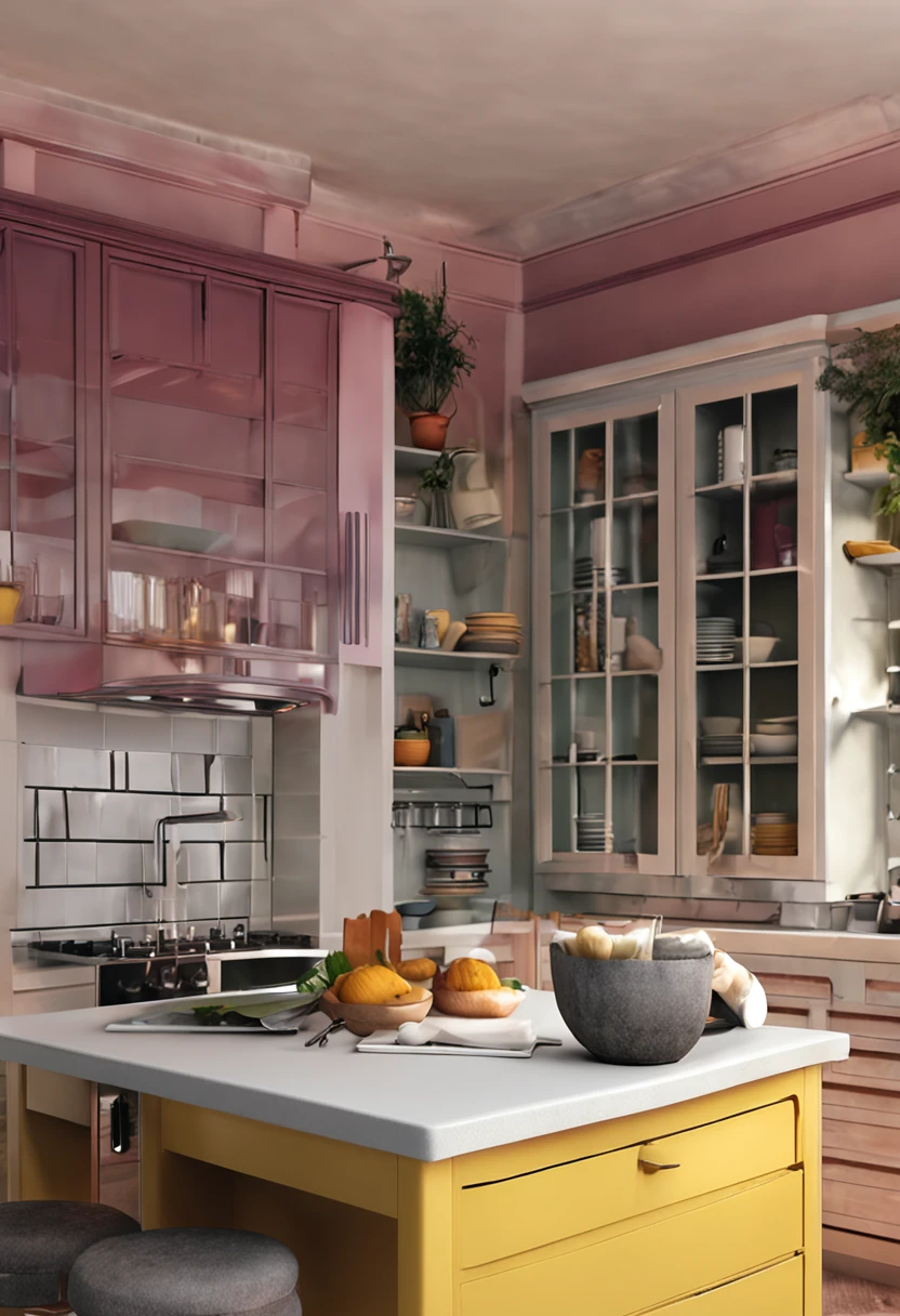 Illustration on the theme of a kitchen set without wall cabinets in gray