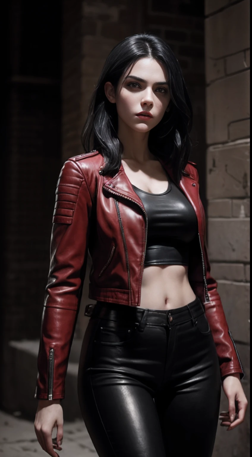 ((spider woman)), hyper realistic, lifelike texture, dramatic lighting, (best quality:1.1), depth of field, nighttime, in a futuristic cyberpunk city, HDR, shallow depth of field, broad light, high contrast, backlighting, bloom, light sparkles, chromatic aberration, sharp focus, futuristic clothing, leather jacket, beauty512, lnchuu,