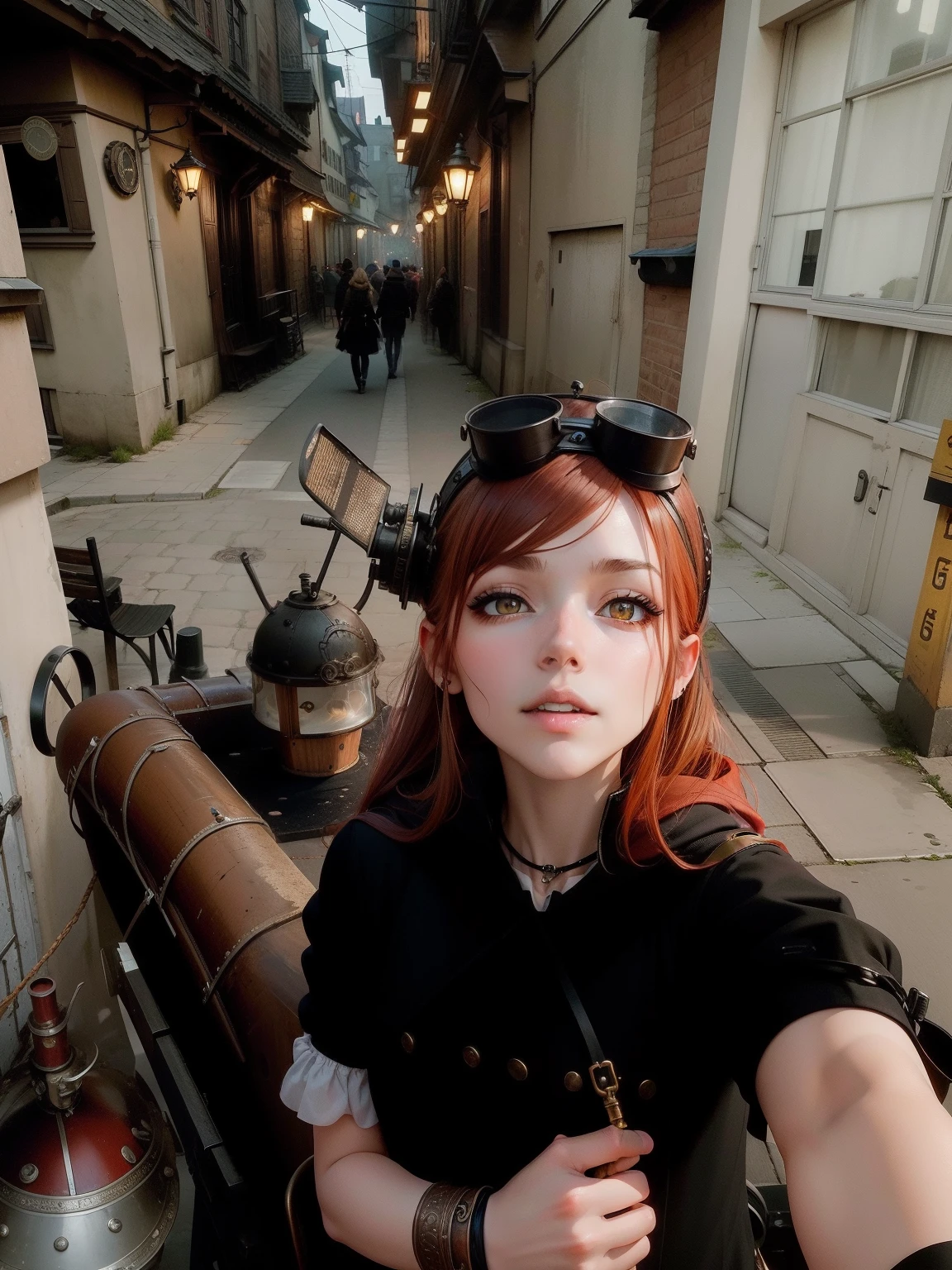 女の子1人, steampunk, rote Haare, Schulter lange Haare, schwarzes langes Kleid, large hood, steampunk Brille, braune Augen, dunkle schmale Augen,  Fabrik hintergrund, rostige rohre, Nacht, Neumond, Street lamps, broken street lanterns, Taschenuhr, steampunk unterrock, nahaufnahme, hight resolution,