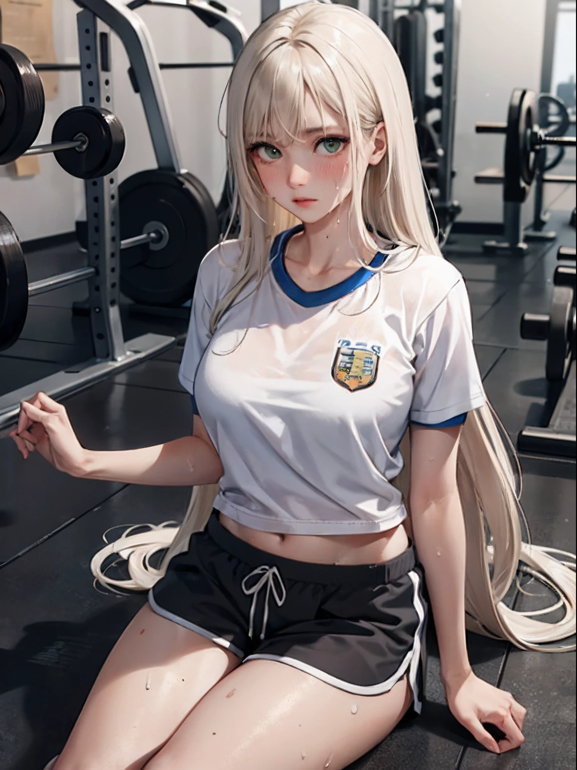 (masterpiece:1.2, best quality), (real picture, intricate details), 1lady, solo, full body, sitting, casual, long hair, minimal makeup, natural fabrics, close-up face, tired face, tired, hot, long light platinum blonde hair, bangs, Korean bangs, bangs on forehead, green eyes, big breasts, bis tits, mature body, detailed face, sweaty, sweat, extremely sweaty, cute gym school uniform, PE uniform, tight athletic shorts, PE shorts, tight gym shorts, school t-shirt, cute unform, school, school setting, sweaty body.