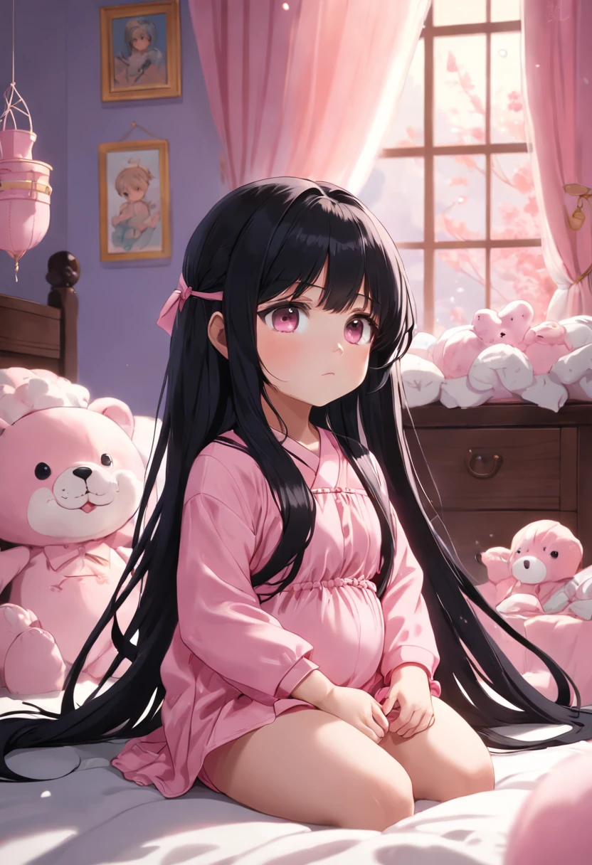 a  girl, black long hair, bangs, pink newborn clothes, sitting in nursery