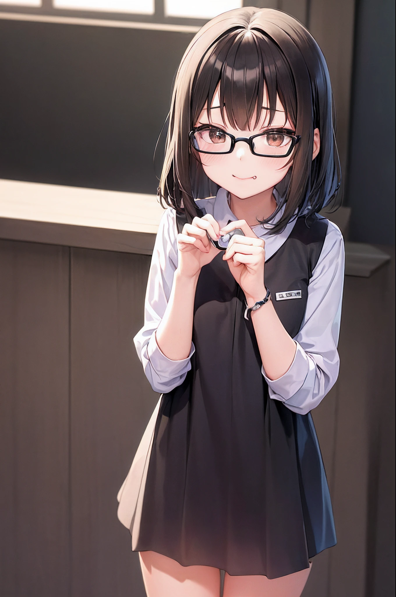 (masutepiece, Best Quality, Capture super cute moments, depth of fields, ultra-detailliert, Ultra High Resolution, C4D, Octadale, 3D Modeling, 8K, 16 K, one girls、a junior high school student、A dark-haired、short-hair、straight haired、Light brown eyes、hair adornments、wearing black glasses、kawaii faces)、s Office、a secretary、Cat Pose