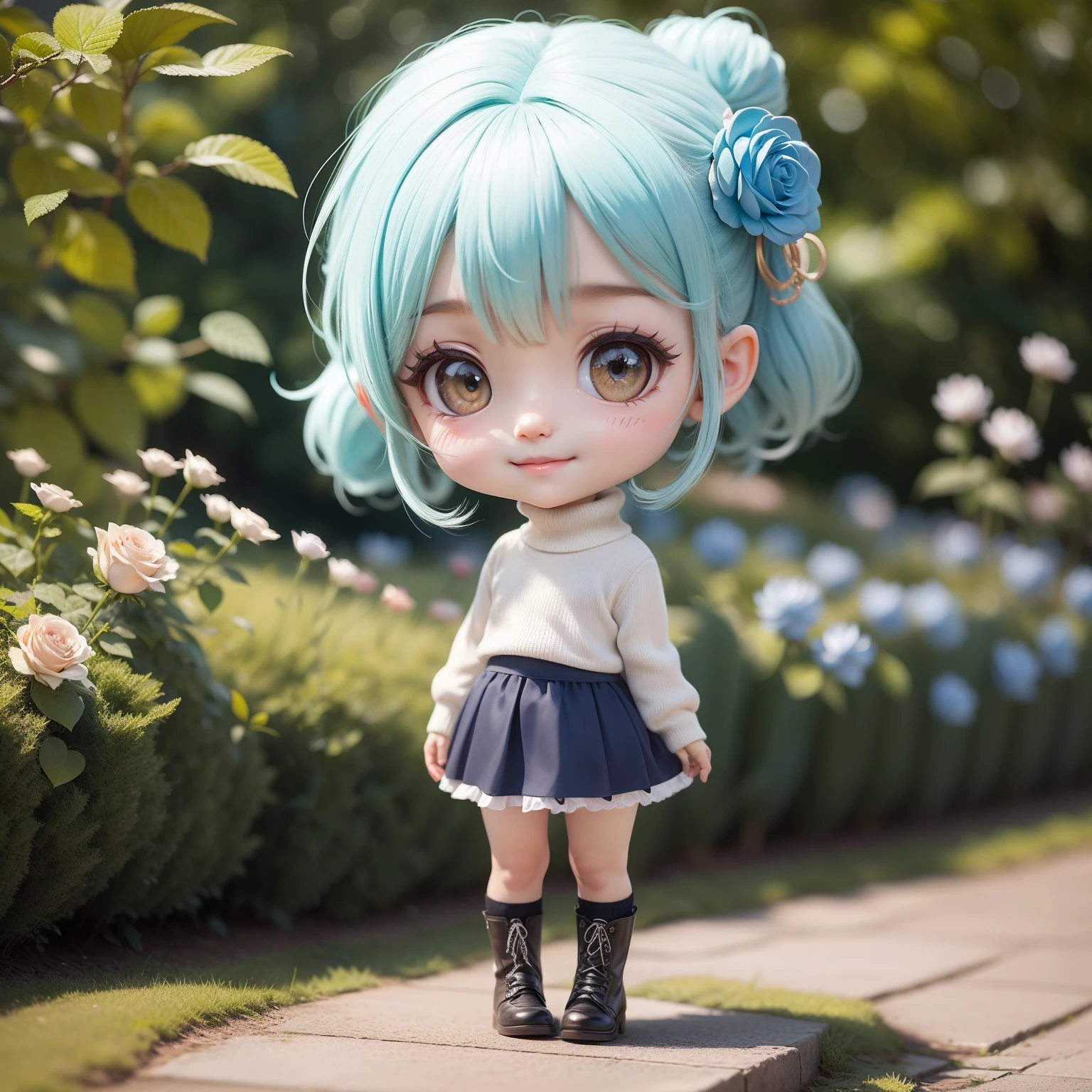 Cute Chibi Anime,(((Super masterpiece、top-quality、ultra-detailliert、1 girl in、Chibi:1.5)))、Fashionable Chibi、fashion modell、White Turtleneck Knit and Pleated Skirt、Laced boots、outside of house、(Blue roses:1.1)、(Coloma Rose Garden in Belgium:1.2)、The best smile、Looking at the camera、A detailed face、highdetailskin、Aqua Blue Sauvage Hair、(Chibi:1.4)