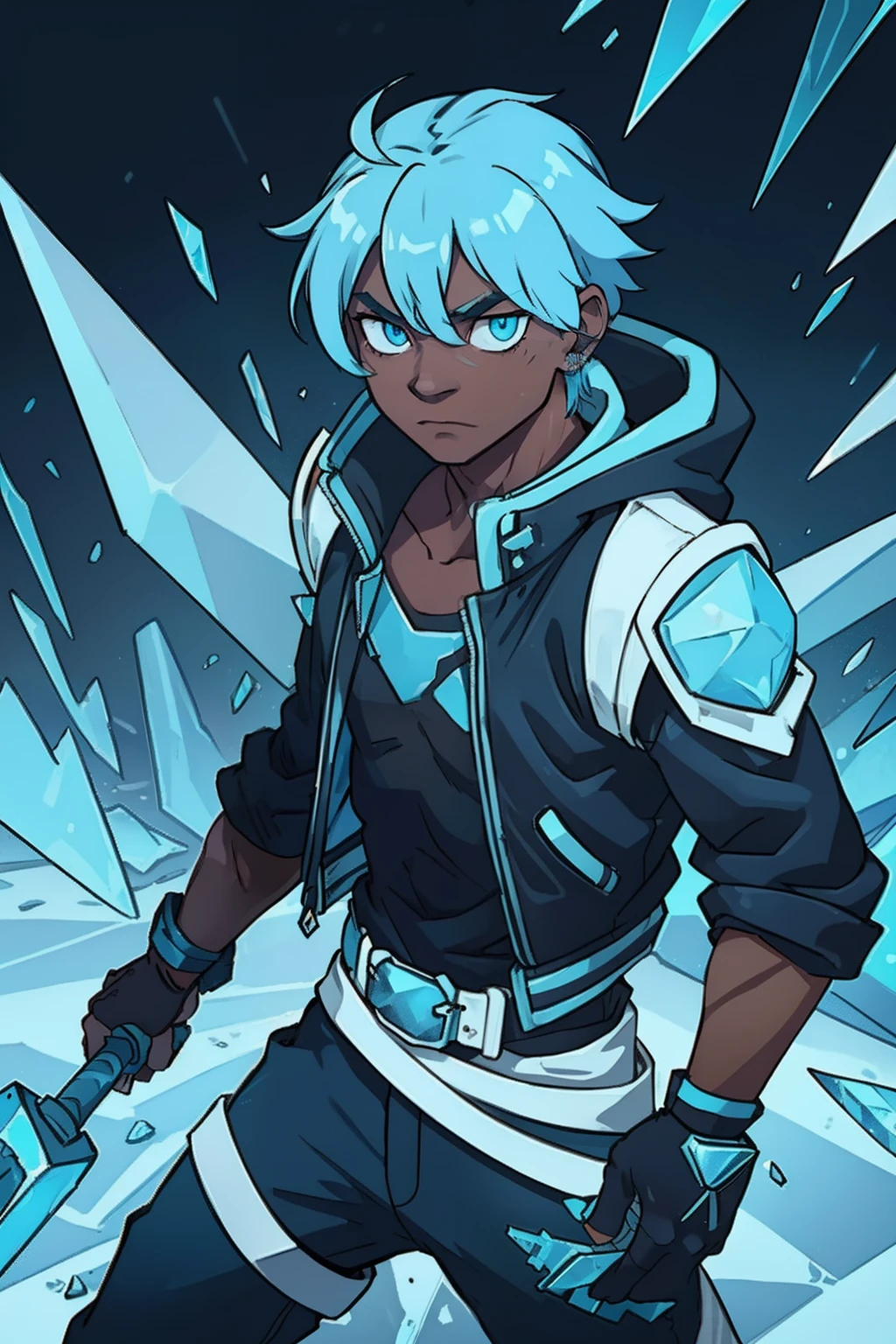 icey blackground, shadow man, bright cyan eyes, tiger Teeth on belt, ice shards on right arm, leather jacket, white fluffed hood, ice armor, Dark blue pants, holding ice hammer, icey blue hair