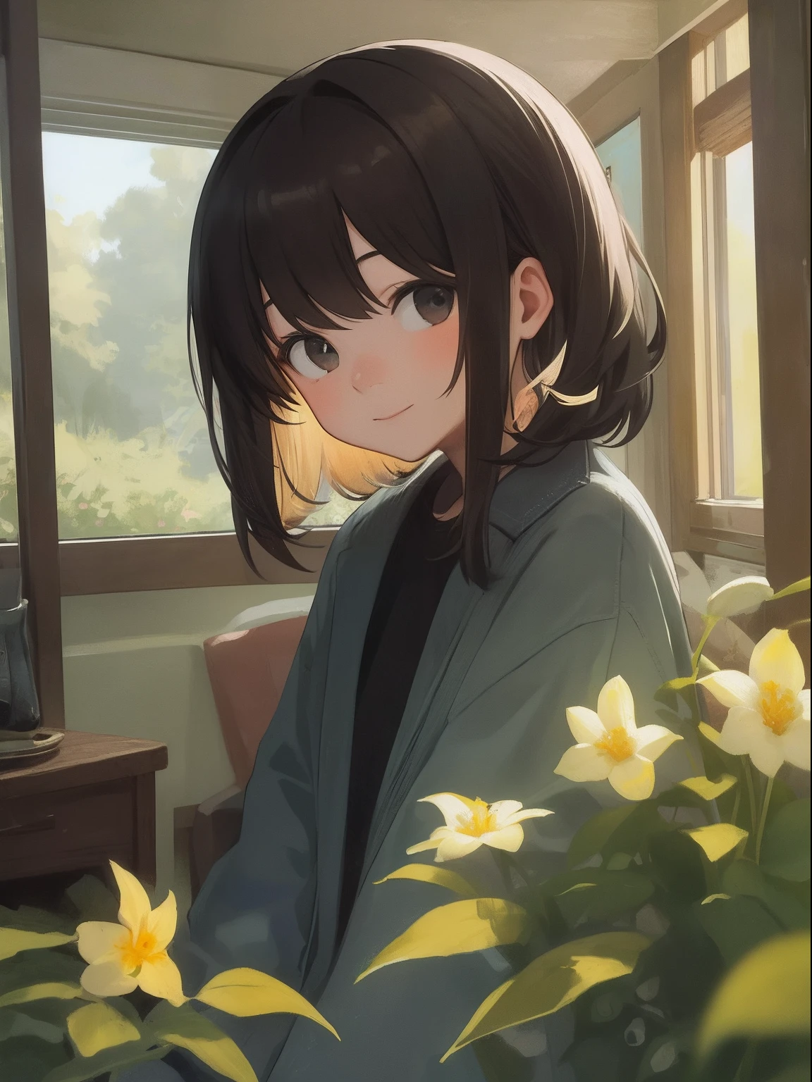 ​masterpiece, top-quality, 1girl in, The upper part of the body,,shorth hair, , A dark-haired, Casual clothing, frilld, plein air、inside in room、waking up、hi、Focus on the face、The viewer is the viewer's gaze