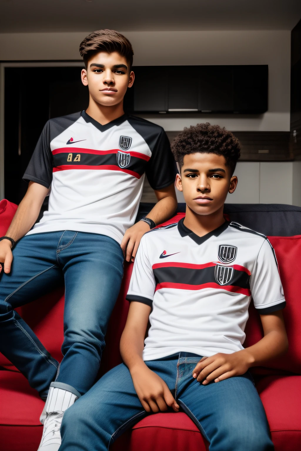 2 male teenagers, with the São Paulo team shirt sitting on the sofa