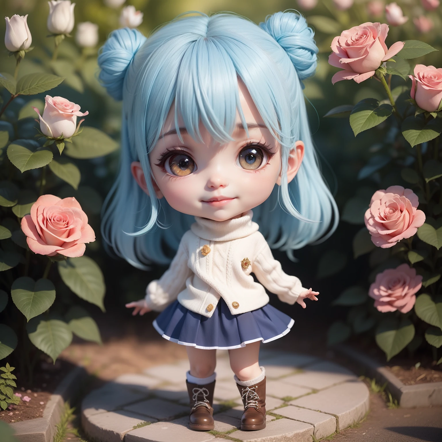 Cute Baby Chibi Anime,（（（Super masterpiece、top-quality、ultra-detailliert、1 girl in、Chibi：1.5）））、Fashionable Chibi、fashion modell、White Turtleneck Knit & Pleated skirt、Laced boots、outside of house、(Blue roses:1.1)、(Coloma Rose Garden in Belgium:1.2)、The best smile、Looking at the camera、A detailed face、highdetailskin、Aqua Blue Sauvage Hair、（Chibi：1.4）