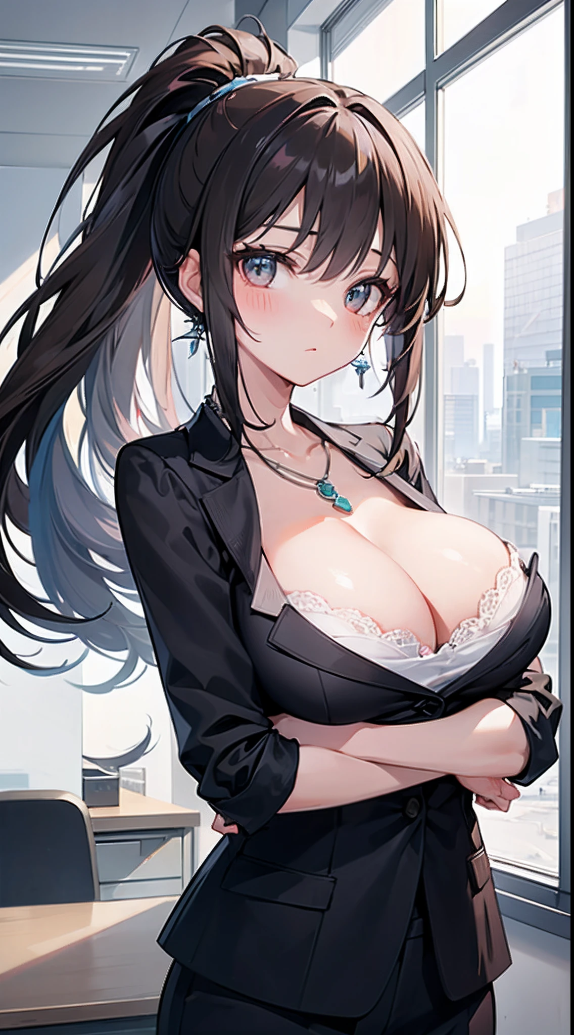 ((masterpiece)), ((best quality)), (ultra-detailed), ((kawaii)), cute, (lovely), ((sexy)), ((extremely detailed)), 4K, (8K), best quality, (beautiful), anime style, upper body, folding arms, focus on the face, office, morning, a cute girl, 1girl, solo, suit, beautiful dark brown hair, beautiful white eyes, ((beautiful eyes)), white-skinned, ponytail, transparent hair, translucent hair, large breast, earrings, necklace, cool, wind effect