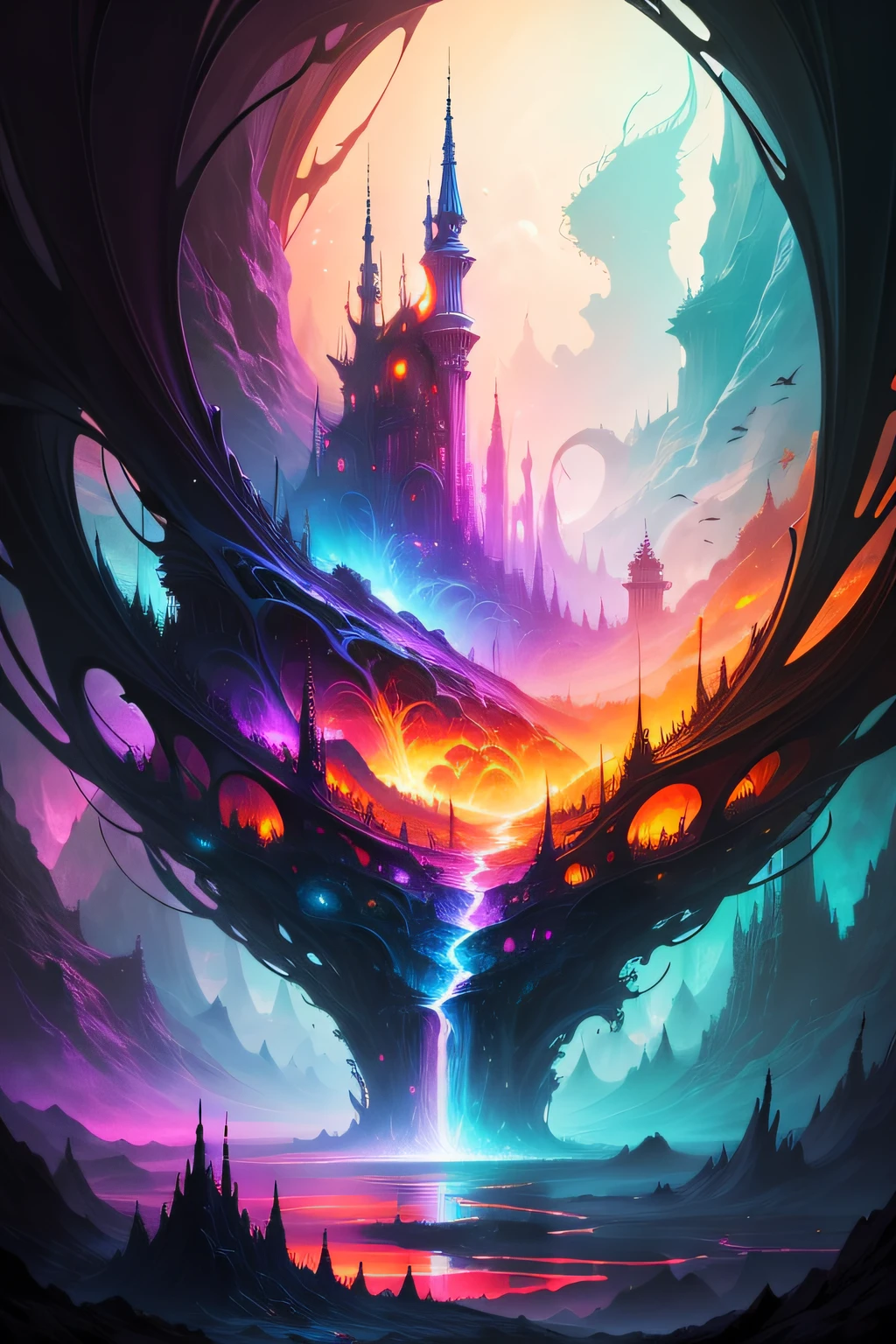 an abstract fantastical view full of vibrant colors