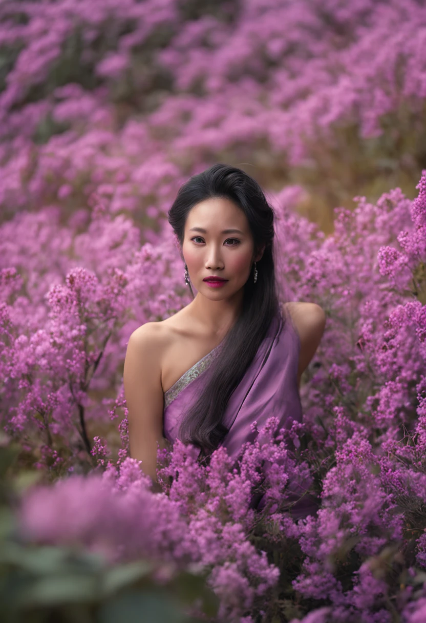 A MILF，Around forty years old，Wear a purple sleeveless hurdle vest，long azure hair。Plump body type，Large chest，Asian people，Face is flat，Beautiful looks，Smile