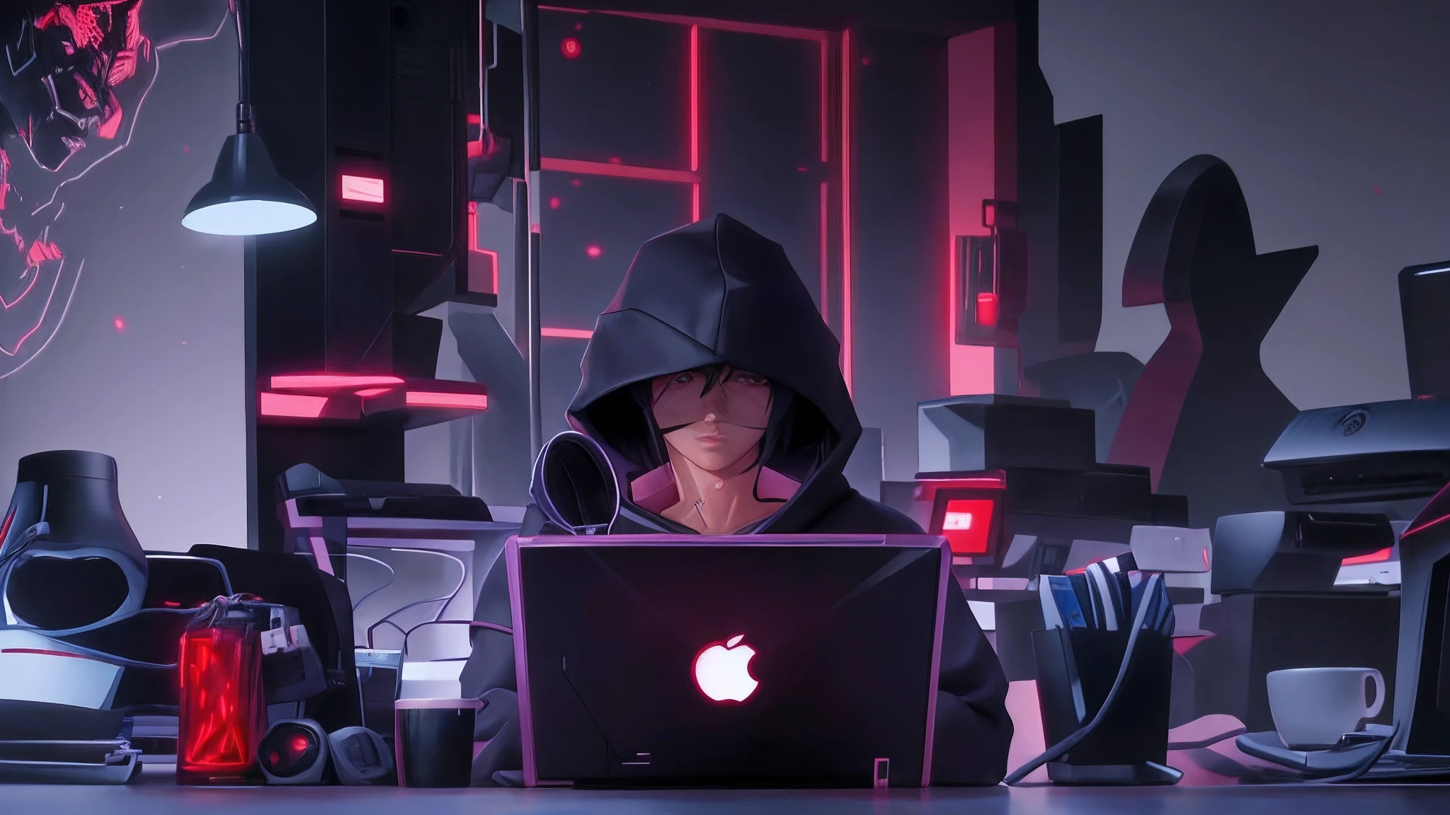 personagem de anime Sasuke sentado em uma mesa com um laptop, inspirado em Sasuke, cyber noir, Estilo anime 4K, Tecnologia batida. Neo Estilo Preto, Directed by: Liam Wong, Fanart oficial, hacker, hacker cyberpunk, Garota de anime cyberpunk com capuz, badass anime 8 k, papel de parede do computador, arte digital do anime cyberpunk, Artgerm e Atey Ghailan,3D animation